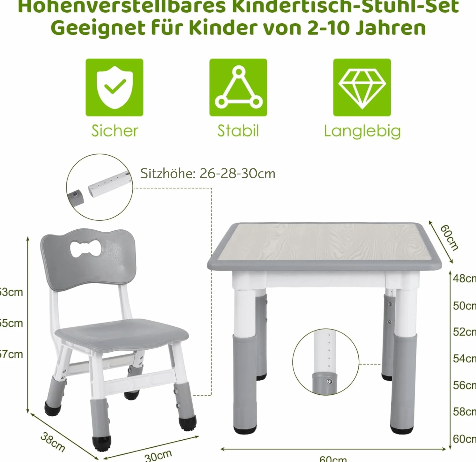 MAMIZO Mesa Infantil con 2 Sillas Ajustable, Muebles de Plástico para Niños, Gris Cuadrada