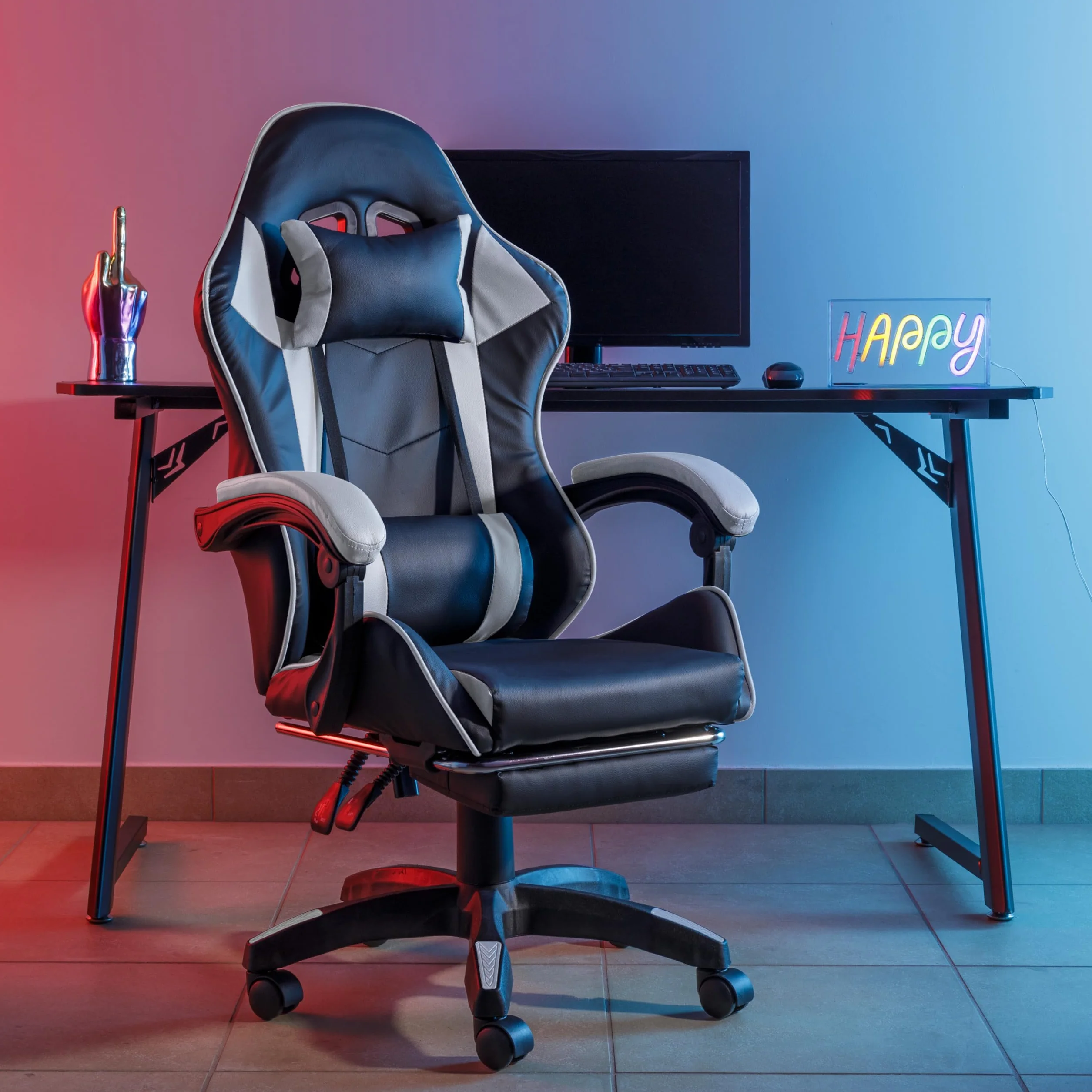 Baroni Home Silla Gaming Ergonómica Inclinable Altura Regulable, Soporte Lumbar, Reposacabezas Acolchado, Reposapiés Extraíble, Blanco, 58x66x114-124 cm