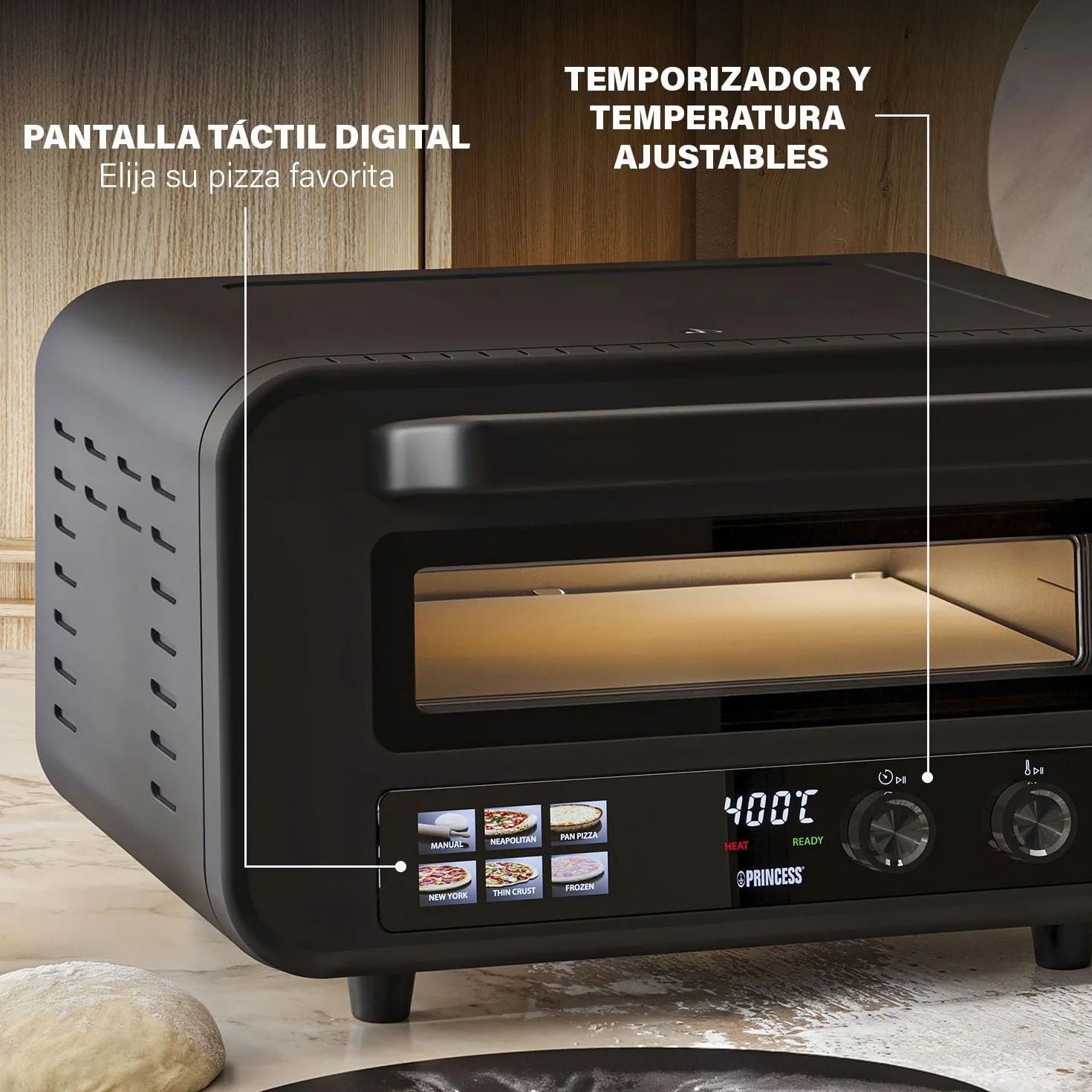 Princess Horno para Pizza Pro Max 15L 400°C 2100W Control Digital Piedra y Pala Incluidas