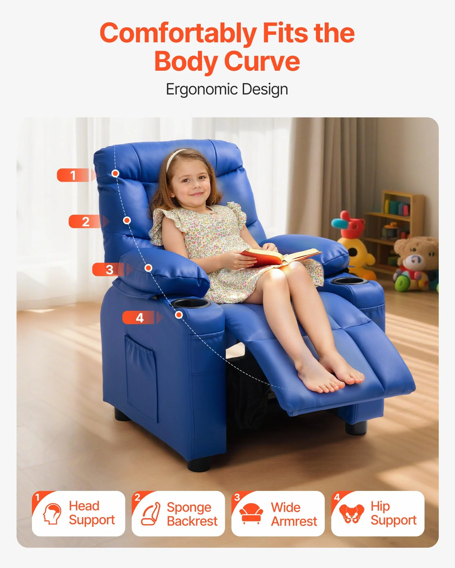 VEVOR Sillón Relax Reclinable para Niños, Sofá Infantil, Respaldo Ajustable 107°-126°, 2 Portavasos, 4 Bolsillos, Reposapiés, Cuero Sintético, Azul