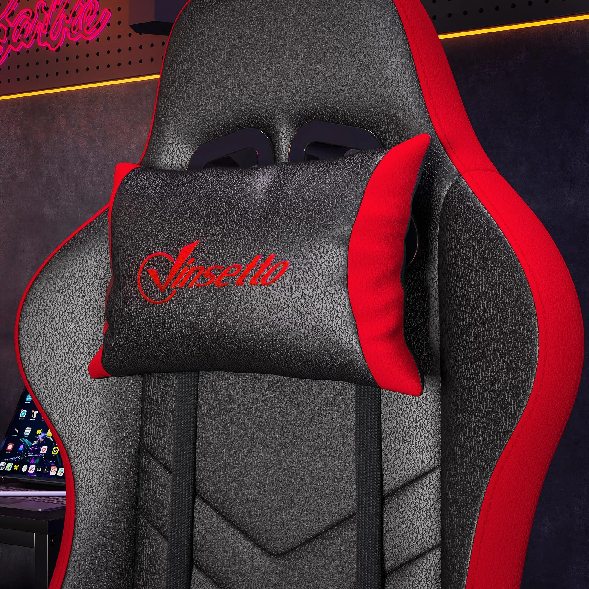 Vinsetto Silla Gaming Ergonómica de Cuero PU Reclinable 135° Soporte Lumbar Altura Ajustable Reposacabezas Reposapiés Retráctil Negro y Rojo