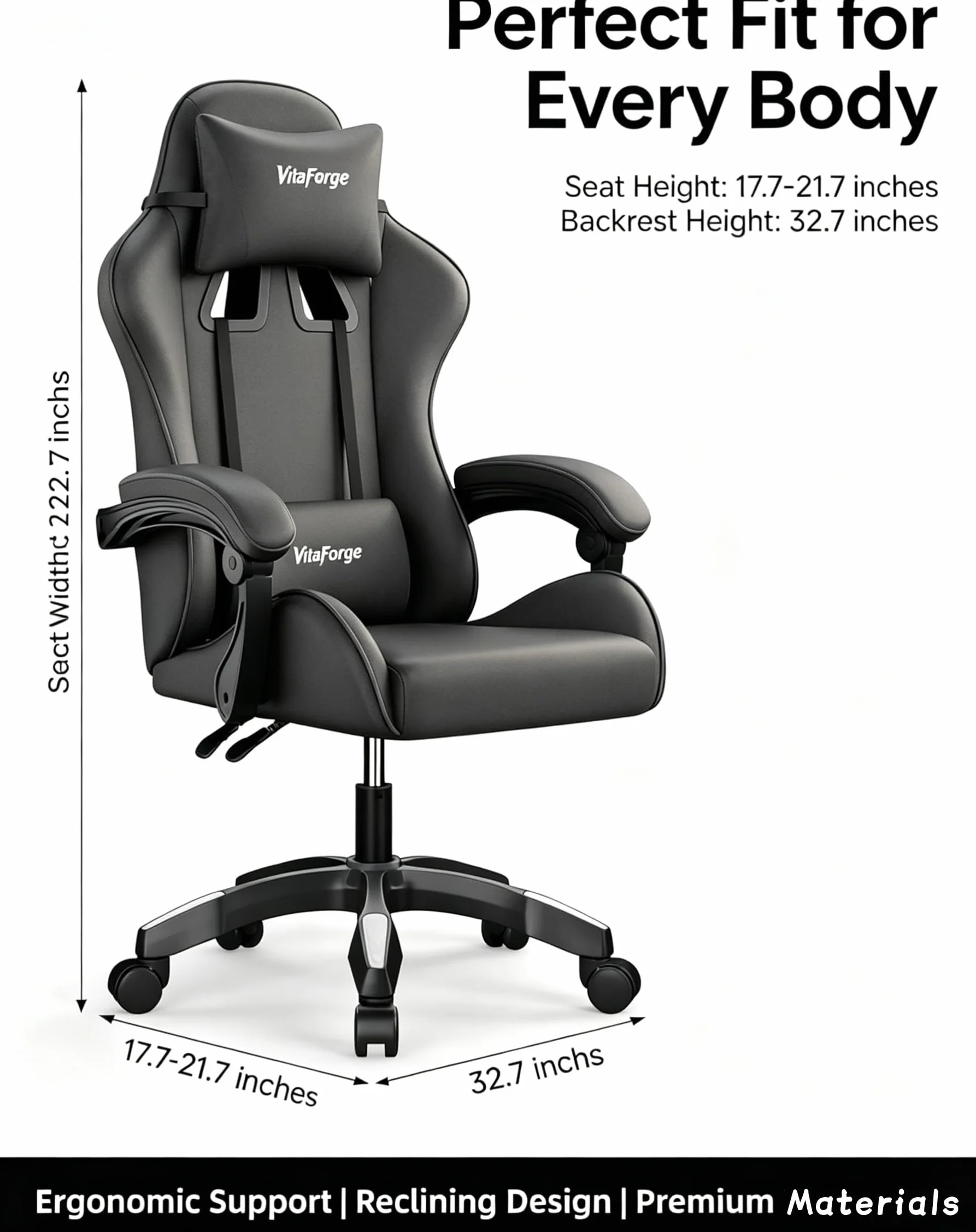 Silla de Gaming Ergonómica con Soporte Lumbar, Apoya-Cabezas y Ajuste de Altura - Cuero PU, Negra