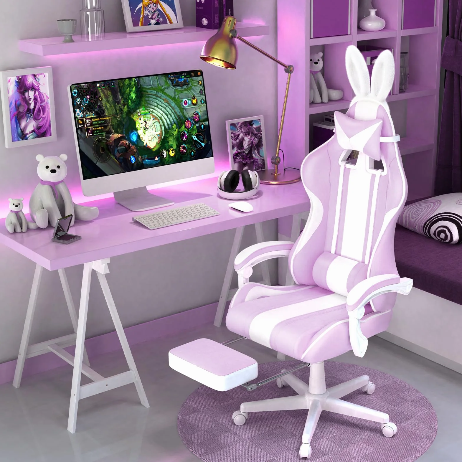 Silla Gaming Ergonomica con Masaje Racing y Reposapiés Kawaii Morado