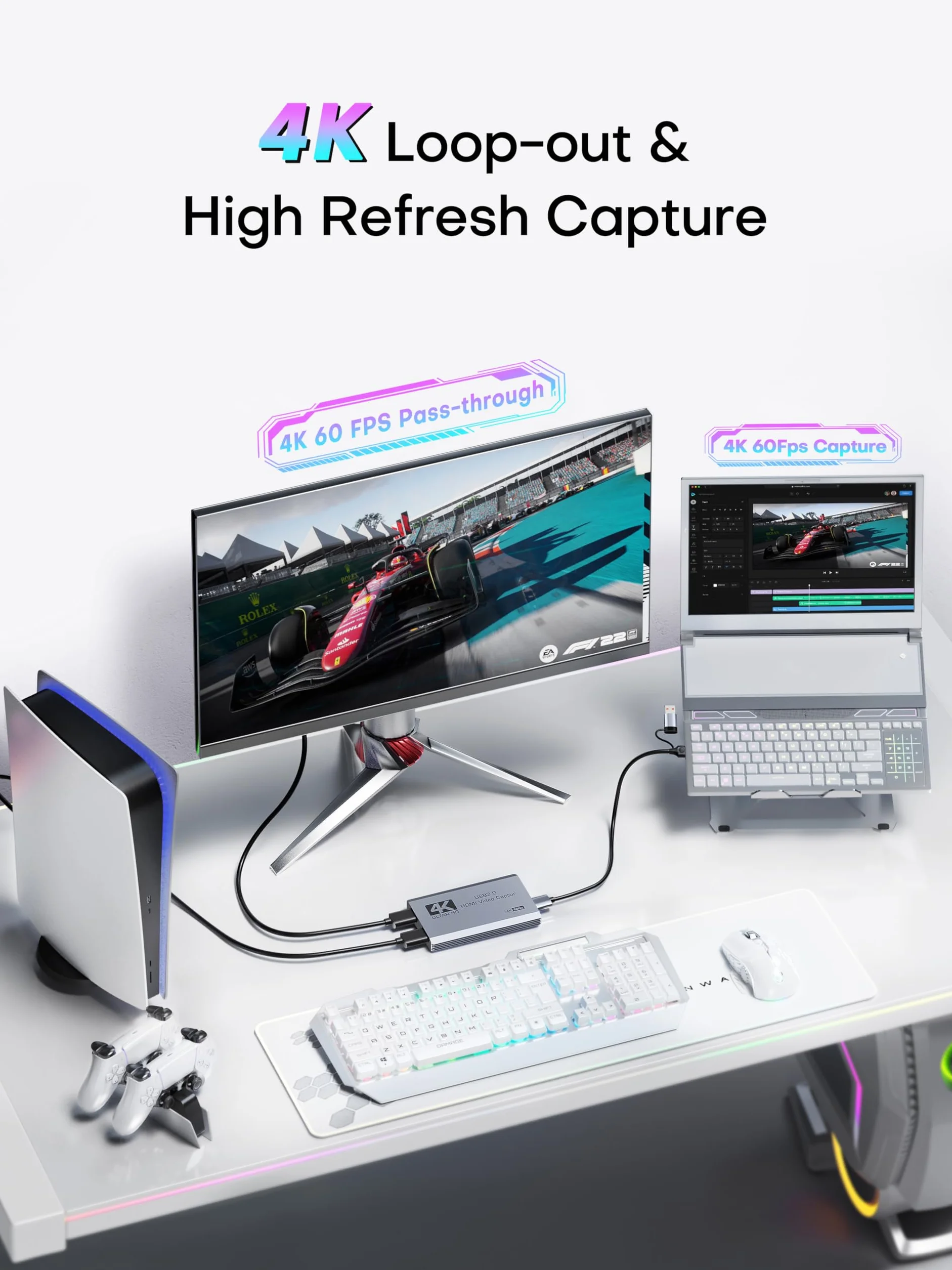 XIIXMASK Tarjeta de captura de video, tarjeta de captura USB 3.0 4K HDMI Loop-Out, 4K 60FPS/1080P 240FPS captura de videojuegos para PS5/cámara/PC/transmisión