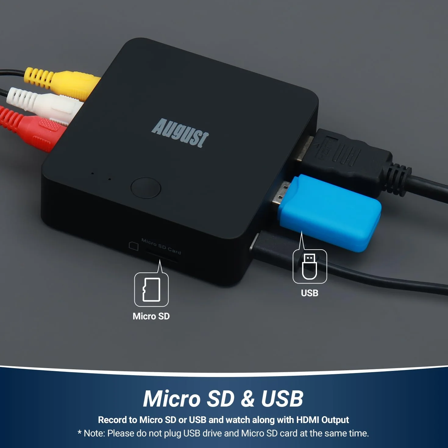August VGB400 Tarjeta capturadora de vídeo sin PC, Cable RCA para conversión de VHS a Digital, Hi8, Videocámara - Salida a HDMI, grabación en Micro SD o USB Máx. 64 GB - Negro