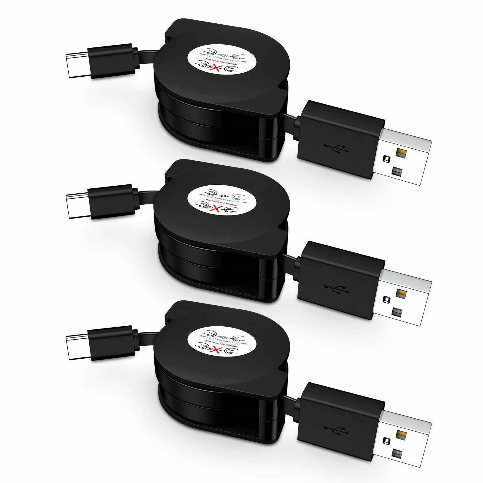 Cable USB C retráctil para coche, 3.3 pies, paquete de 3 unidades de teléfono Android USB C a USB A, cable de carga rápida para Samsung Galaxy S24/S24 Ultra/S23/S25/S25+, cable retráctil tipo C para