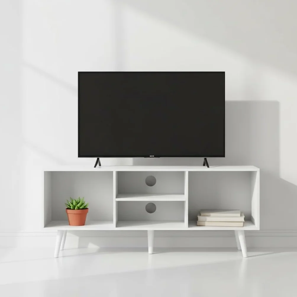 Mueble Auxiliar 4 Compartimentos 110x29x47 cm Blanco de Madera con Estantes, Estantería Moderna para Salón