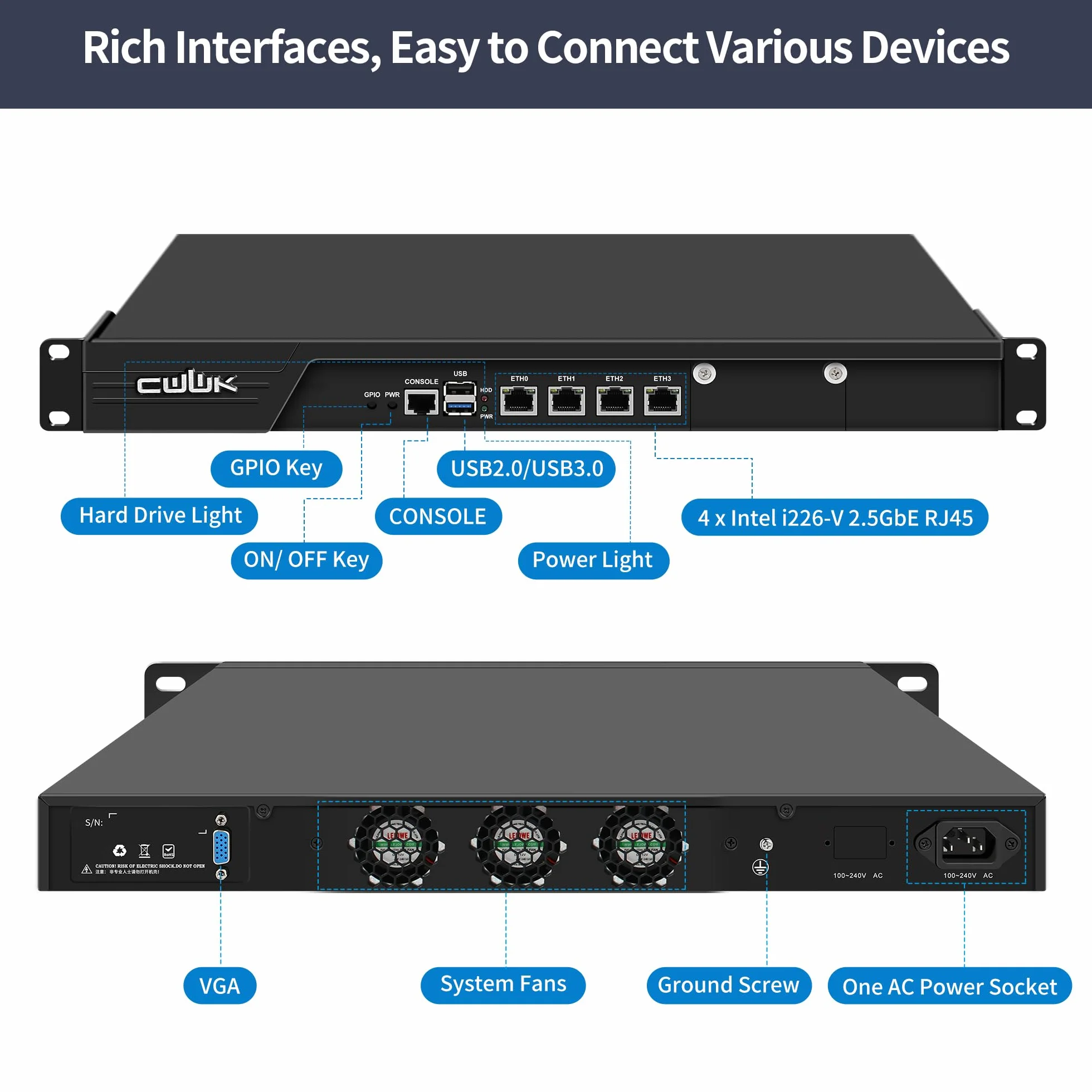 CWWK 1U N300 Firewall Appliance Rackmount PC, 4 Ports i226-V 2.5GbE LAN, 19” Rack Firewall Hardware, U2 OPNsense Homelab Server DDR5 8GB RAM 128GB SSD, Mini-PCIE, PCI-E x8, AES-NI