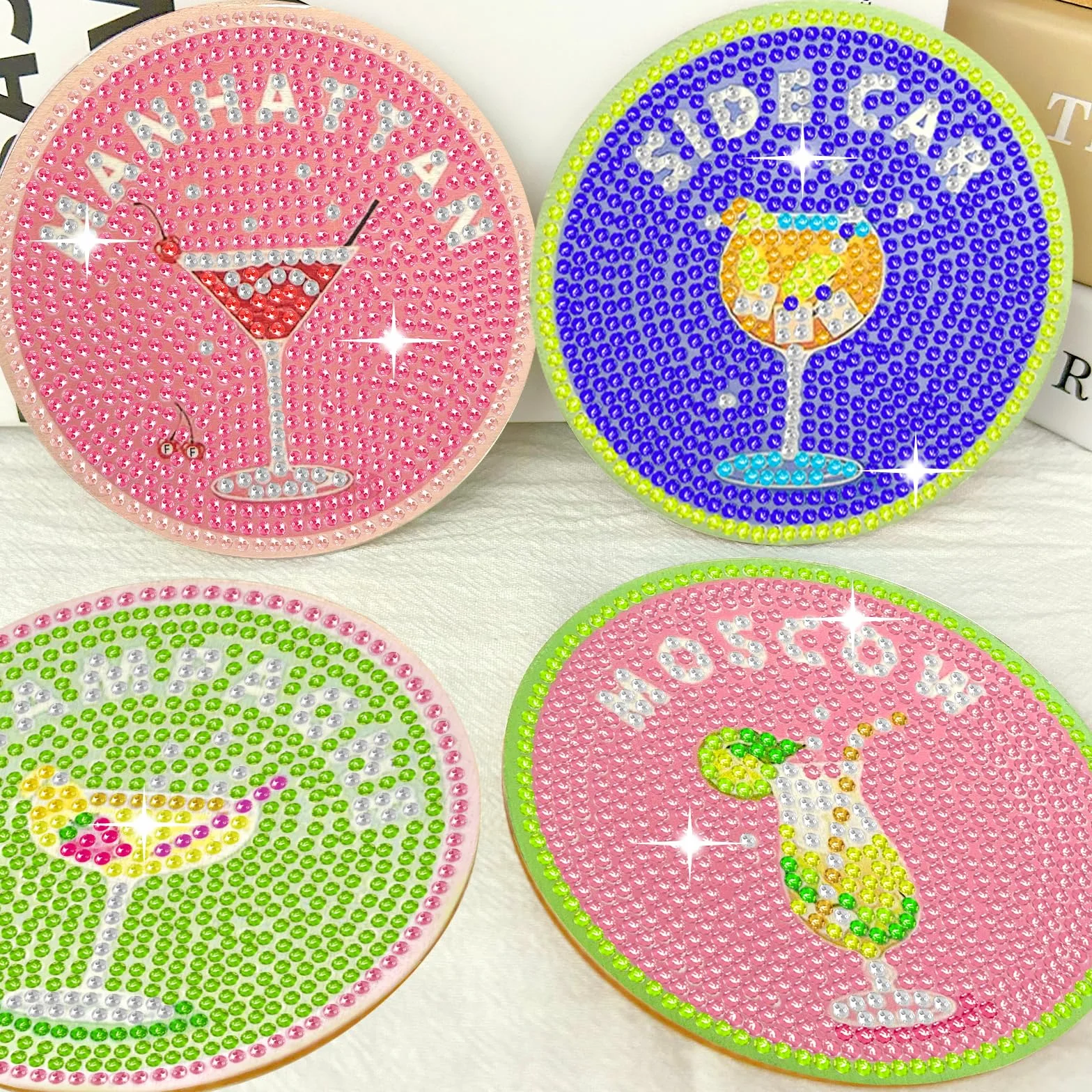 Juego de 8 Posavasos de Diamantes con Soporte, Posavasos Pintados a Diamante, Manualidades Adultos, Decoración Mesa, Redondos Base Corcho, Regalo