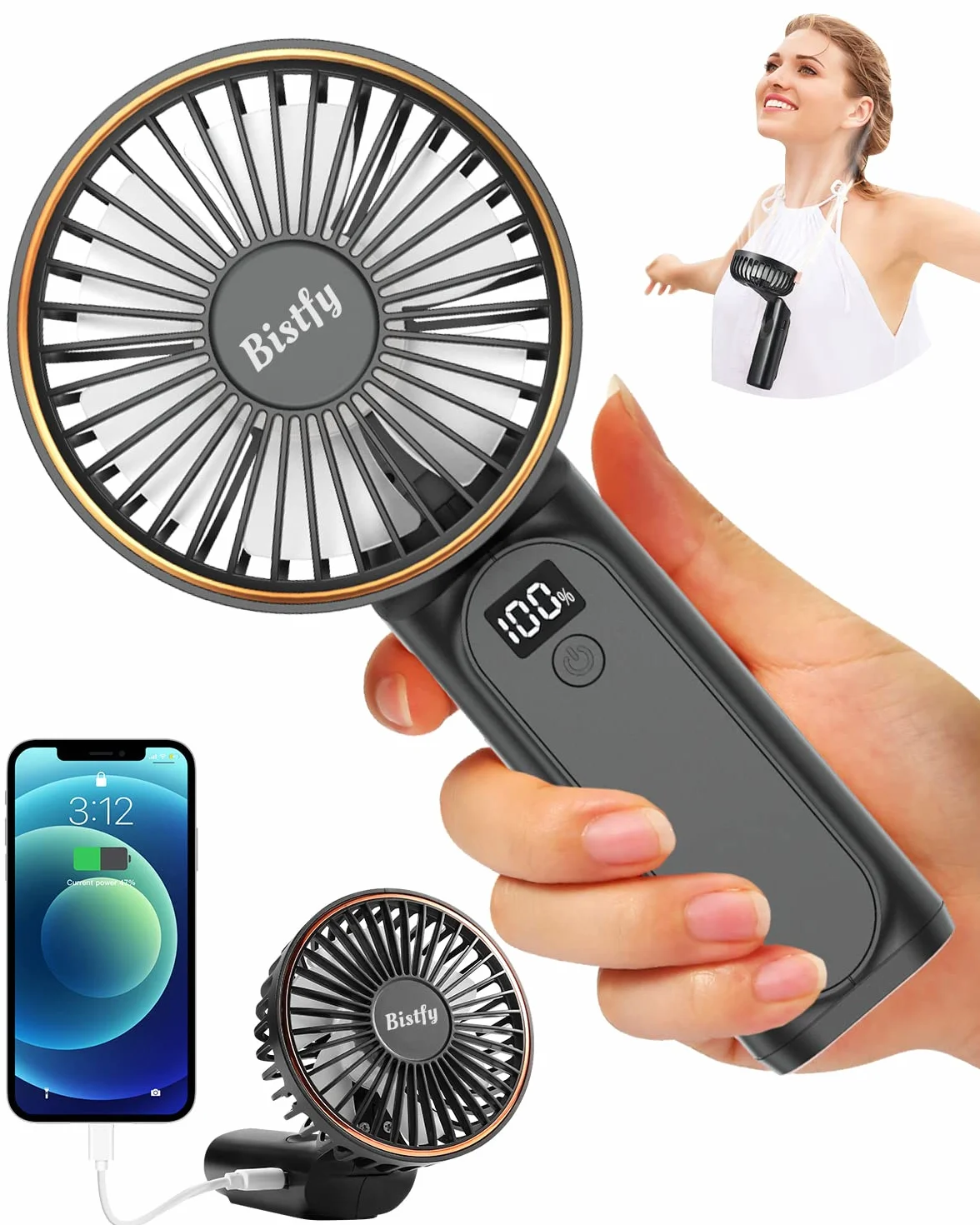 Ventilador Portátil de Mano 5200mAh Ultra Silencioso 6 Velocidades USB C Mini Ventilador de Mesa con Pantalla LCD, 180° Plegable con Cordón como Ventilador de Cuello