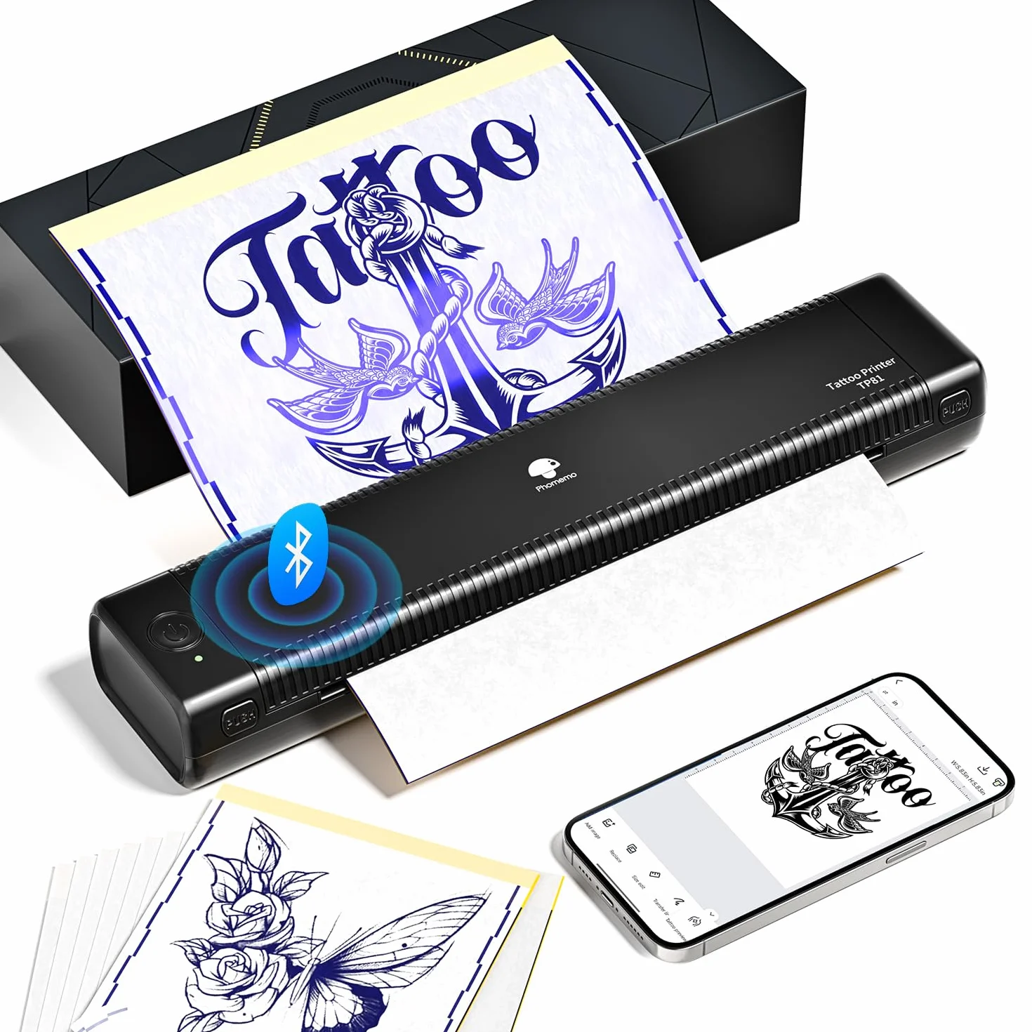 Phomemo TP81 Termocopiadora Tattoo, Impresora Termica Tattoo, Impresora Térmica de Tatuajes con 10 Hojas de Papel Térmico para Tatuajes Copiadora Tattoo Transfer,Compatible con Tablet PC, Smartphone