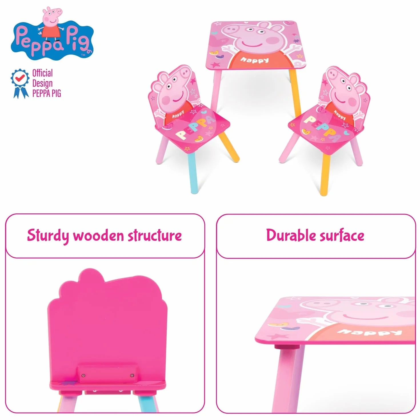 ARDITEX Set Mesa y 2 Sillas Madera Peppa Pig 50x50x44 cm Rosa