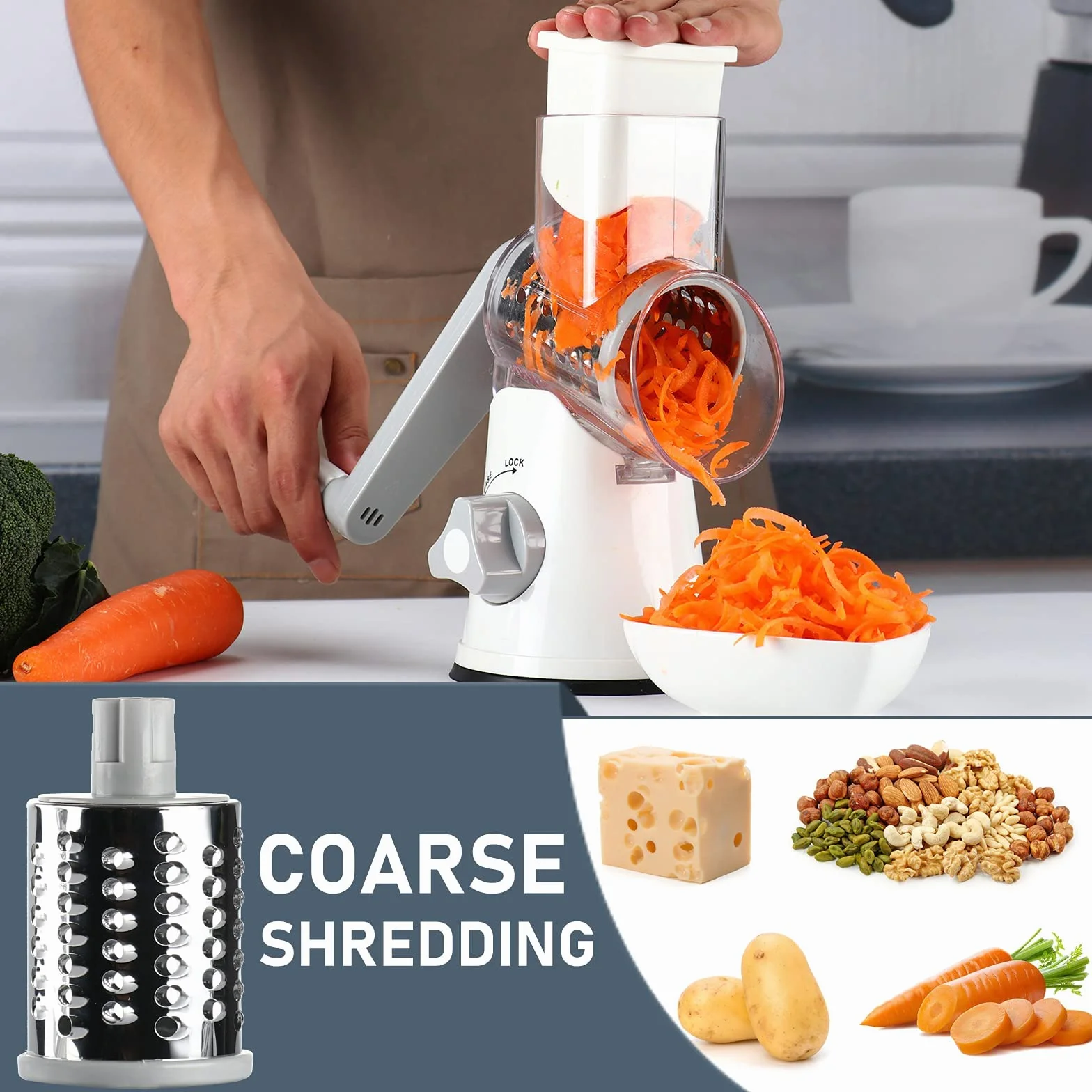 Rallador de Verduras Manual Cortador Mandolina con 3 Cuchillas Multifunción Blanco