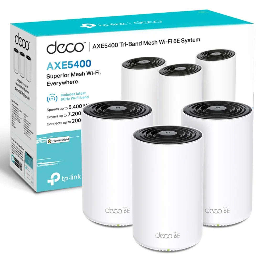 TP-Link Deco XE75 (Pack de 3) - WiFi 6E Mesh AXE5400 Triple Banda – Router Mesh para Toda la Casa, Cobertura hasta 668 m², 200 Dispositivos, 3 Puertos Gigabit, WPA3