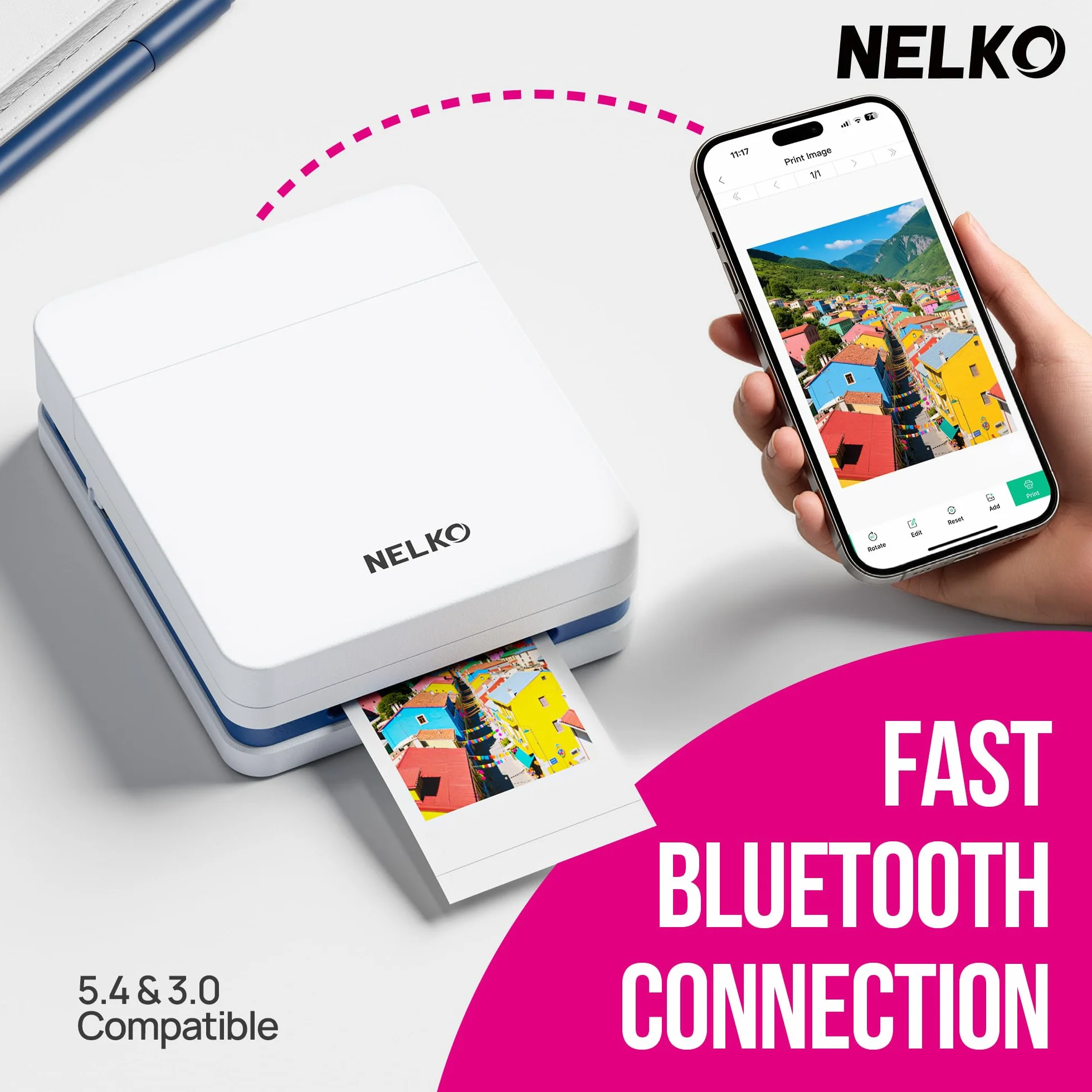 Nelko PP01 - Impresora fotográfica portátil con 100 hojas de papel y cartucho de tinta, impresión instantánea de fotos para iOS/Android, mini impresora de tamaño de bolsillo con aplicación de edición