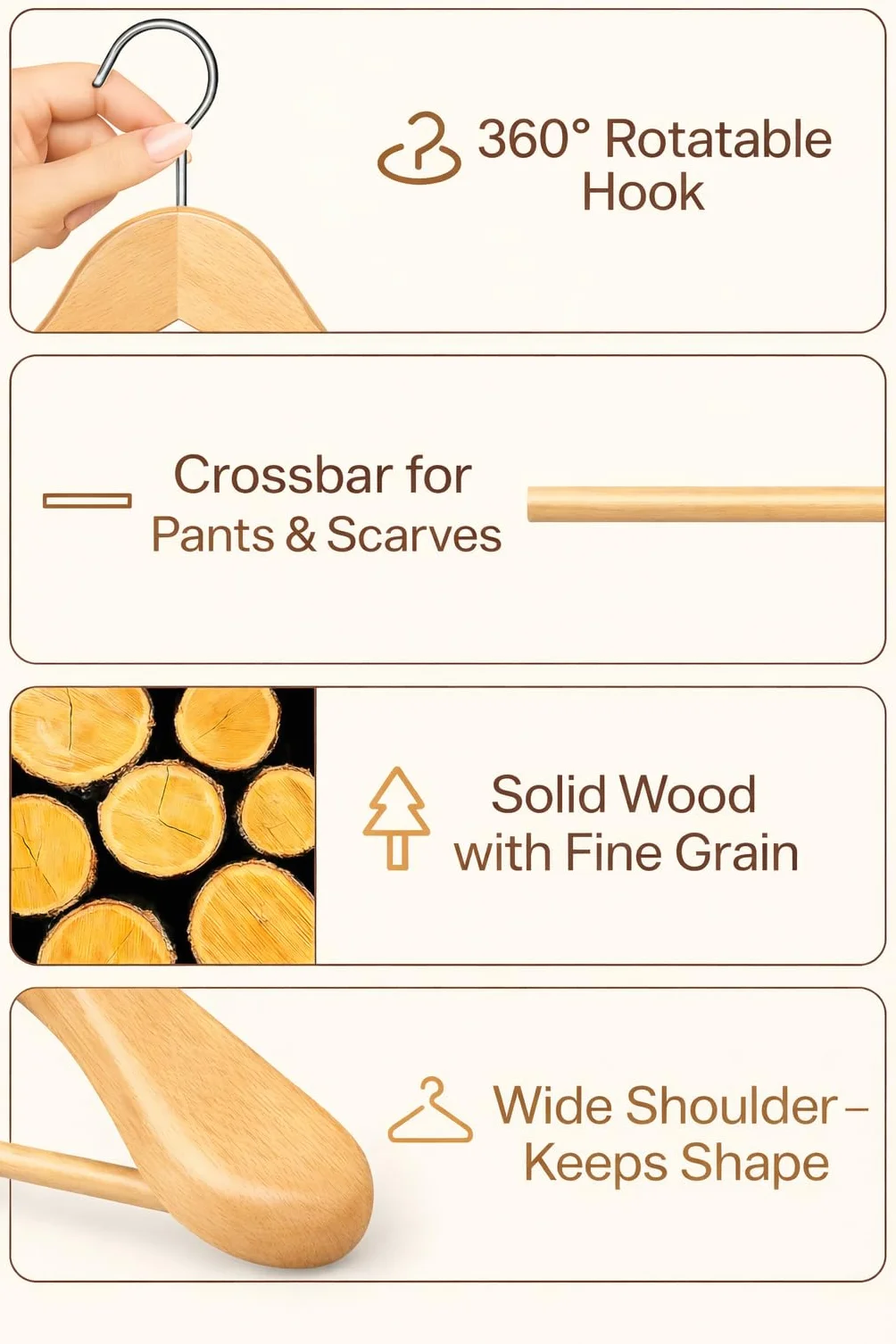 Wooden Wide Clothes Hanger, Natural Wood, Non-Slip, Pack of 18, Extra Wide Shoulders, Trouser Bars, 45 x 23 x 5.5 cm