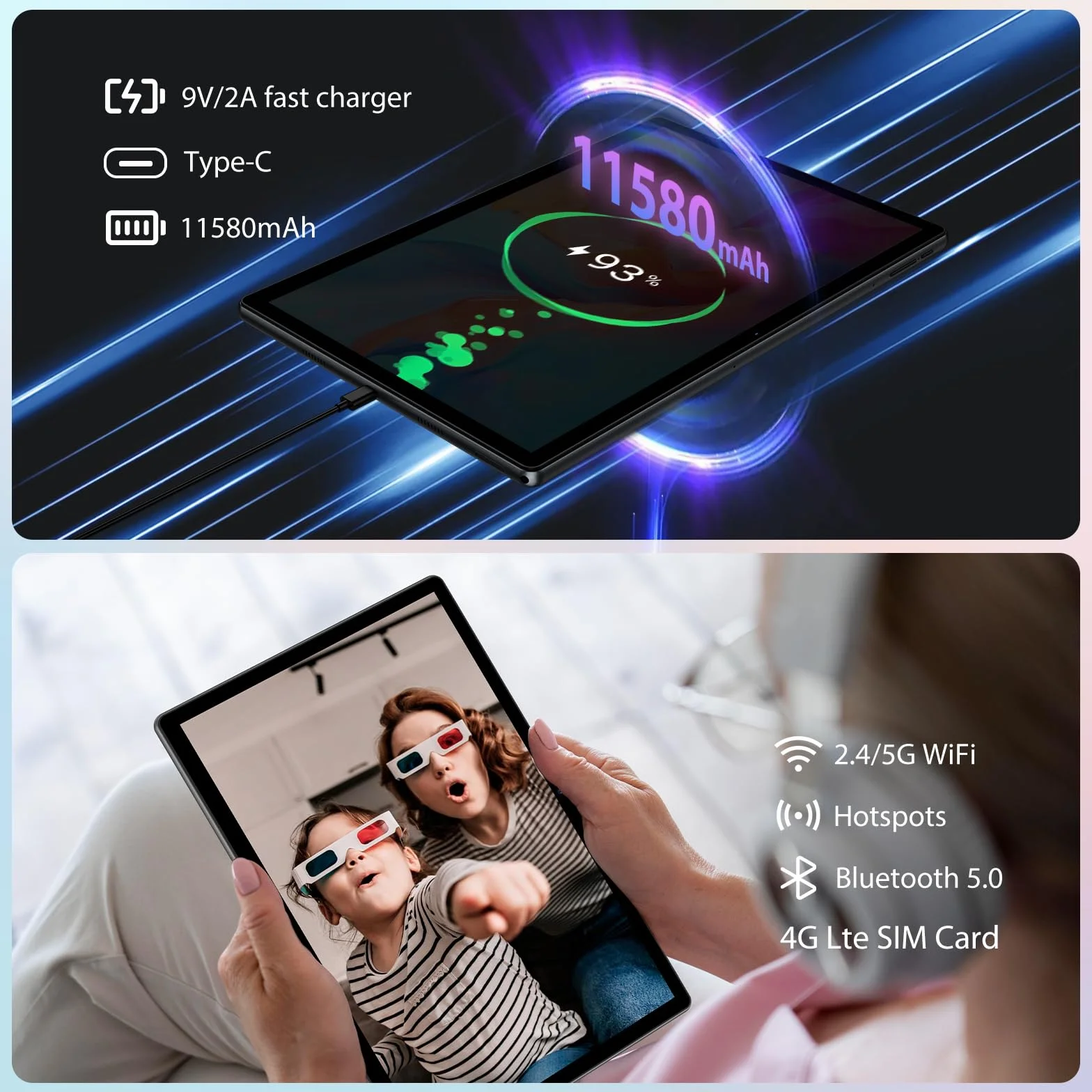 2K Android 15 Tablet 14 Pulgadas, 36GB RAM, 512GB ROM (2TB Expansion), 4G SIM LTE & 5G WiFi, 2000 * 1200FHD, 11580mAh, Octa-Core 2.0GH, 13MP+8MP, Tablet con Teclado/GPS/Bluet 5.0(Negro)