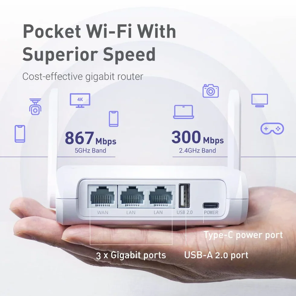 GL.iNet GL-SFT1200 Opal Portable WiFi Travel Router, Mini VPN Wireless Router, Dual Band Openwrt Router