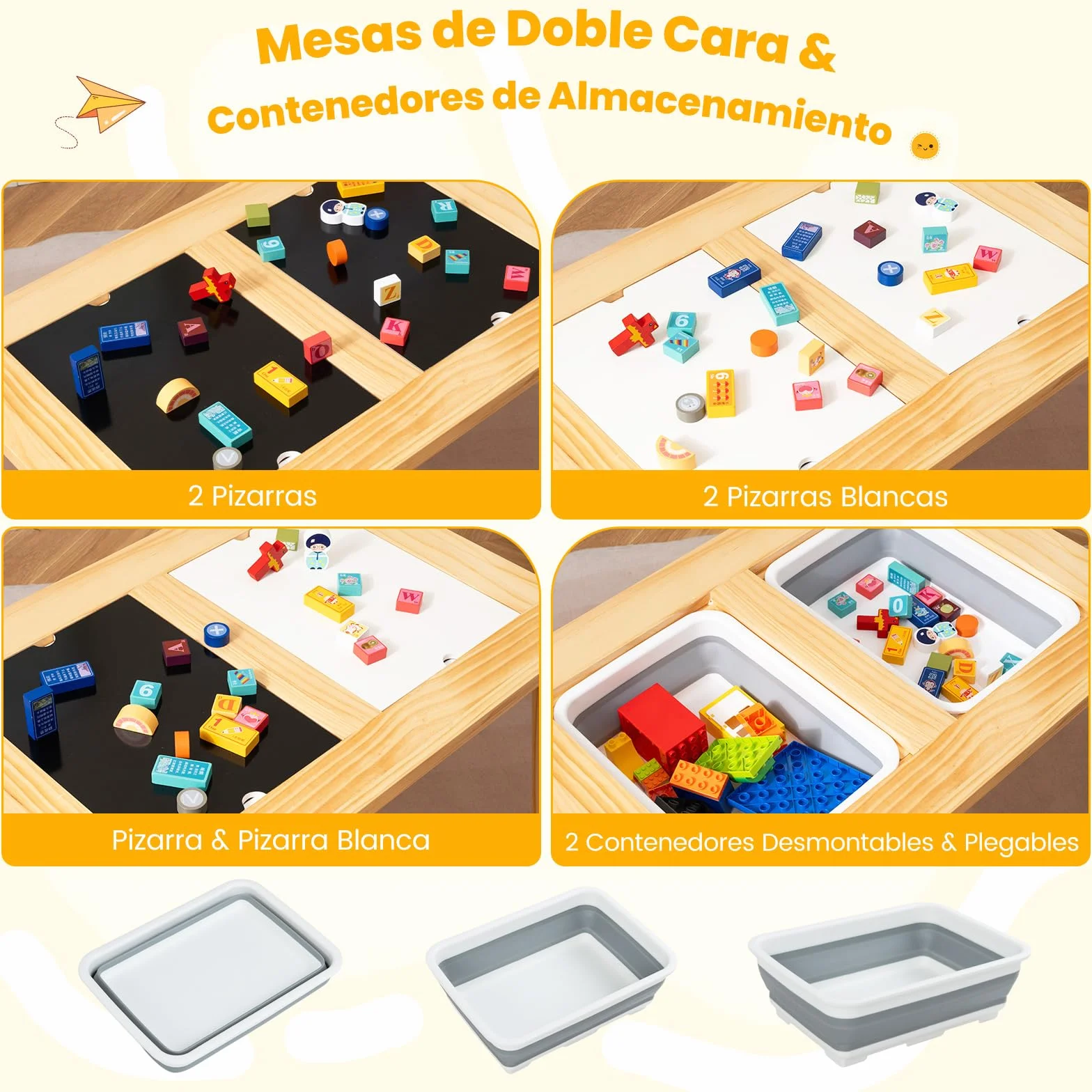 COSTWAY Mesa Sensorial Montessori con 2 Taburetes, Sillas Niños Superficies Doble Faz Desmontables, Cubetas Almacenamiento, Patas Madera Pino