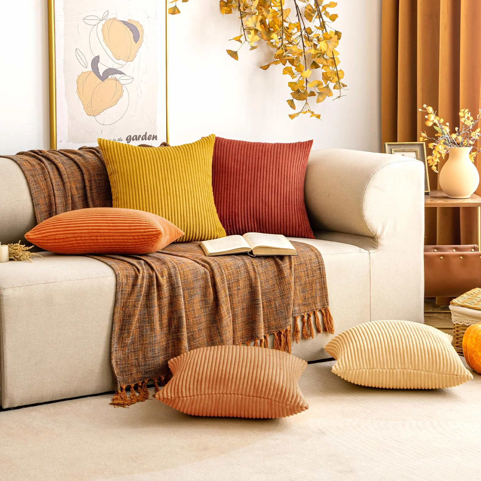 EMEMA Funda Cojines 45x45 cm Corduroy Rayas Decoración Moderna para Sofá 2 Piezas Amarillo Brillante