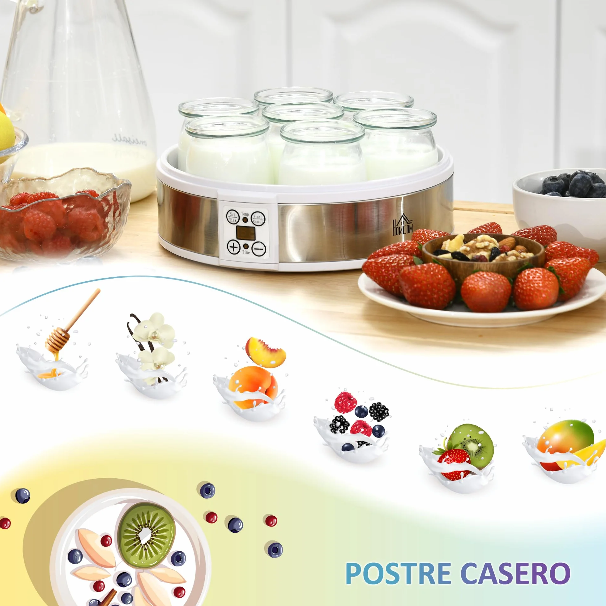 HOMCOM Máquina de Yogur 1,26L 20W 7 Tarros de Cristal 180ml Termostato Ajustable Temporizador Pantalla LED 24x24x13 cm Blanco