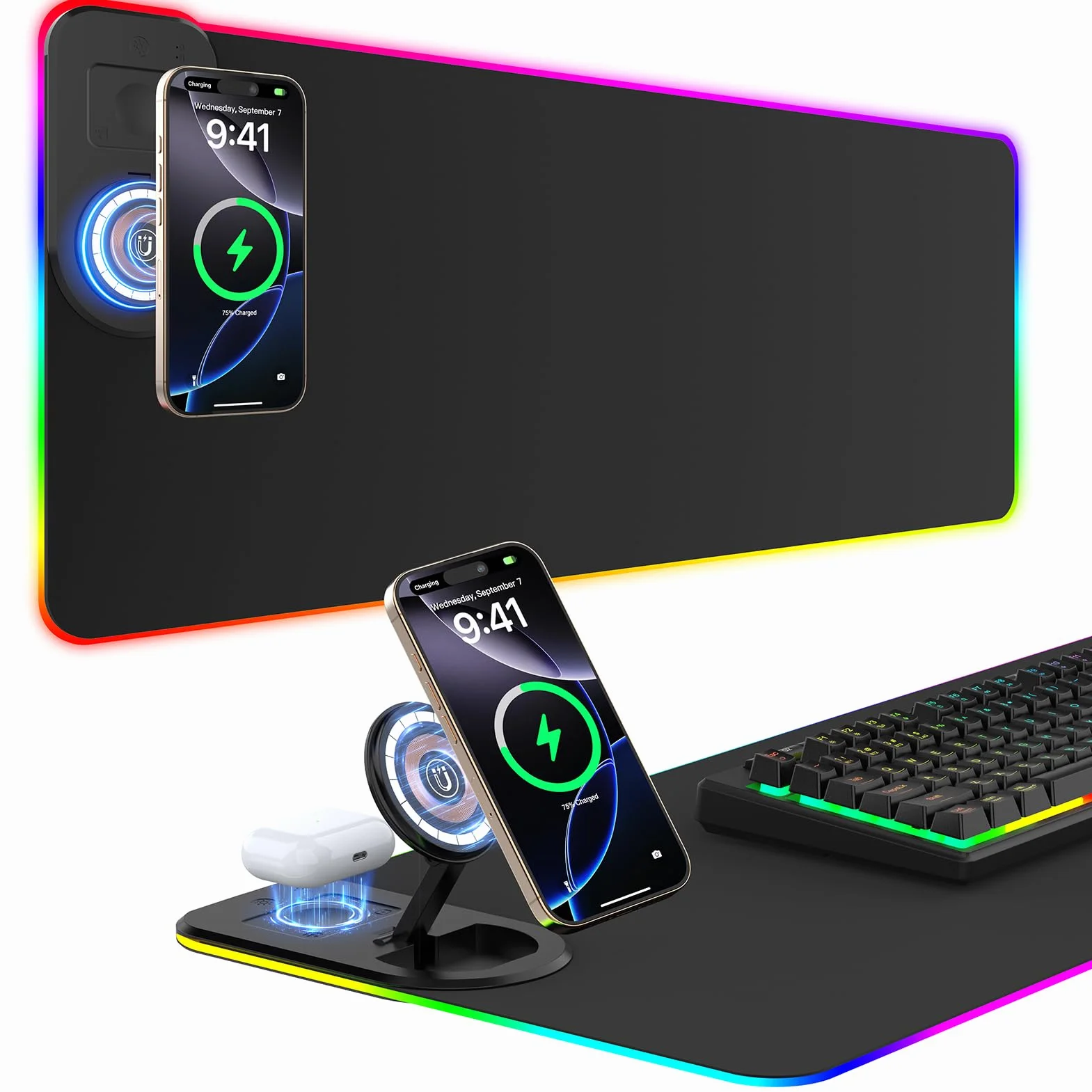 GIM Alfombrilla de mouse RGB de carga inalámbrica de 15 W, alfombrilla de mouse LED de 800 x 350 x 4 mm, 10 modos de luz, alfombrilla de mouse extra grande, base de goma antideslizante, alfombrilla de