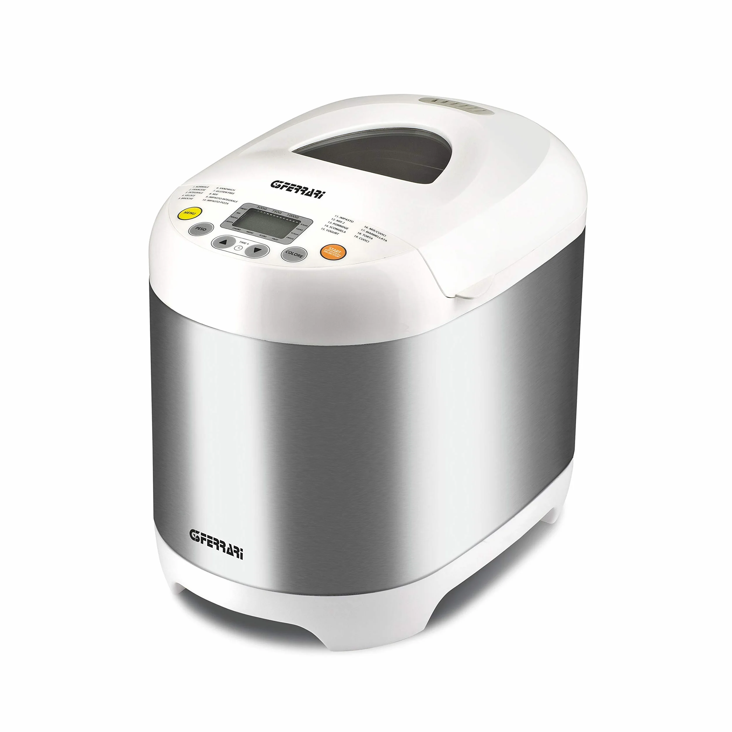 G3 Ferrari G10078 Panificadora para pan, chapata, panecillos y dulces, 550 W, Cuerpo en Inox, 3 niveles de tostado, recetario incluido, 19 programas: mermeladas, yogur, sin gluten, pizzas