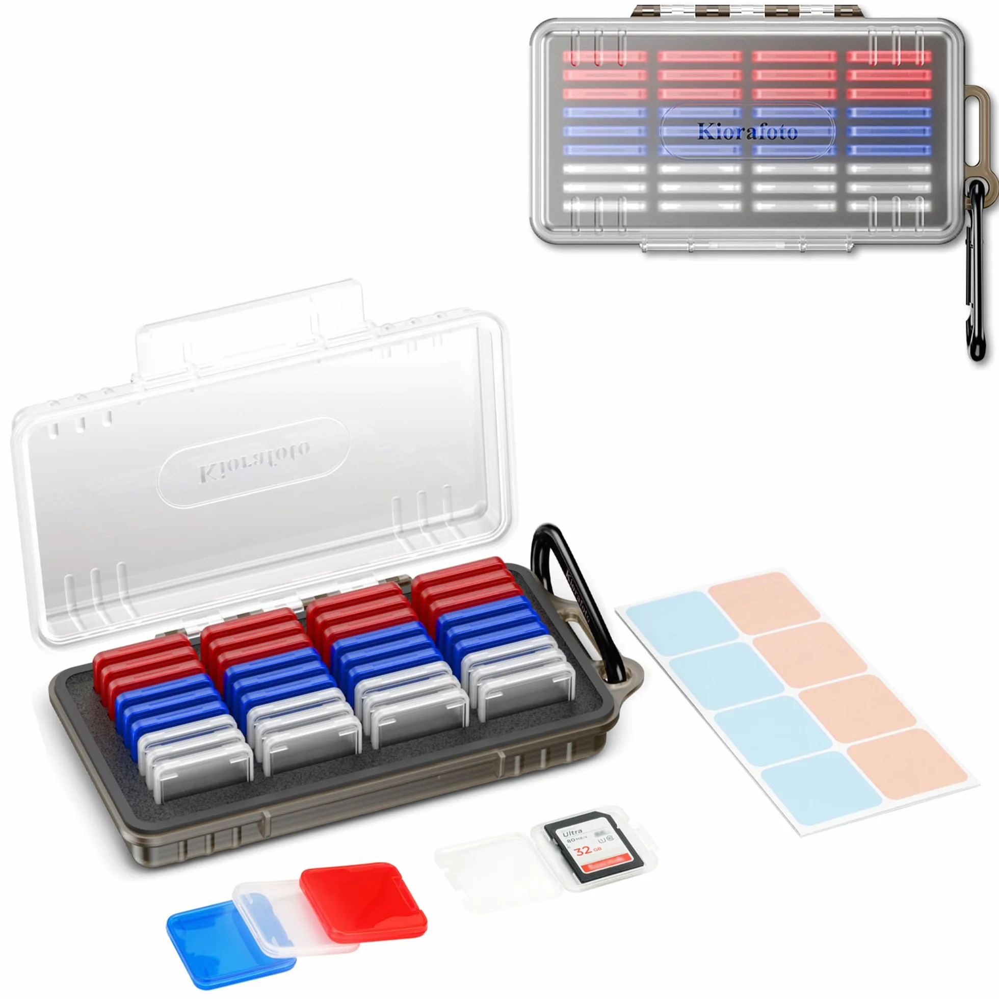 Kiorafoto Estuche para tarjetas de memoria SD con 36 fundas individuales de plástico transparente para tarjetas SD SDXC SDHC, resistente al agua, a prueba de golpes y polvo, transparente