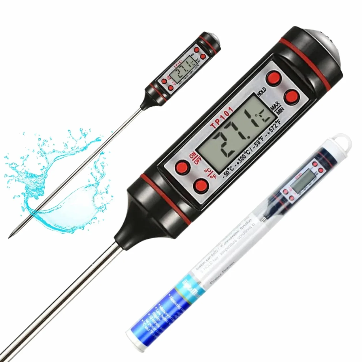 Termómetro Digital Cocina Alimentos Líquidos Aceite Carne Barbacoa Medición Rápida Alta Precisión Pantalla LCD Sonda Acero Inoxidable Apagado Automático Negro