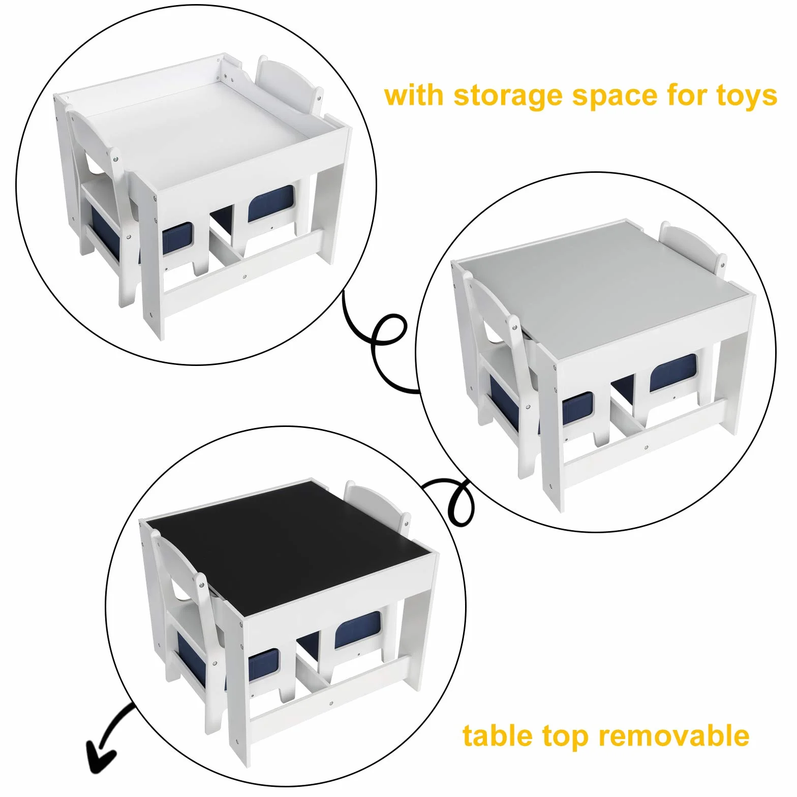 EUGAD Juego de Mesa y 2 Sillas Infantiles de Madera y MDF con Almacenamiento Gris Blanco