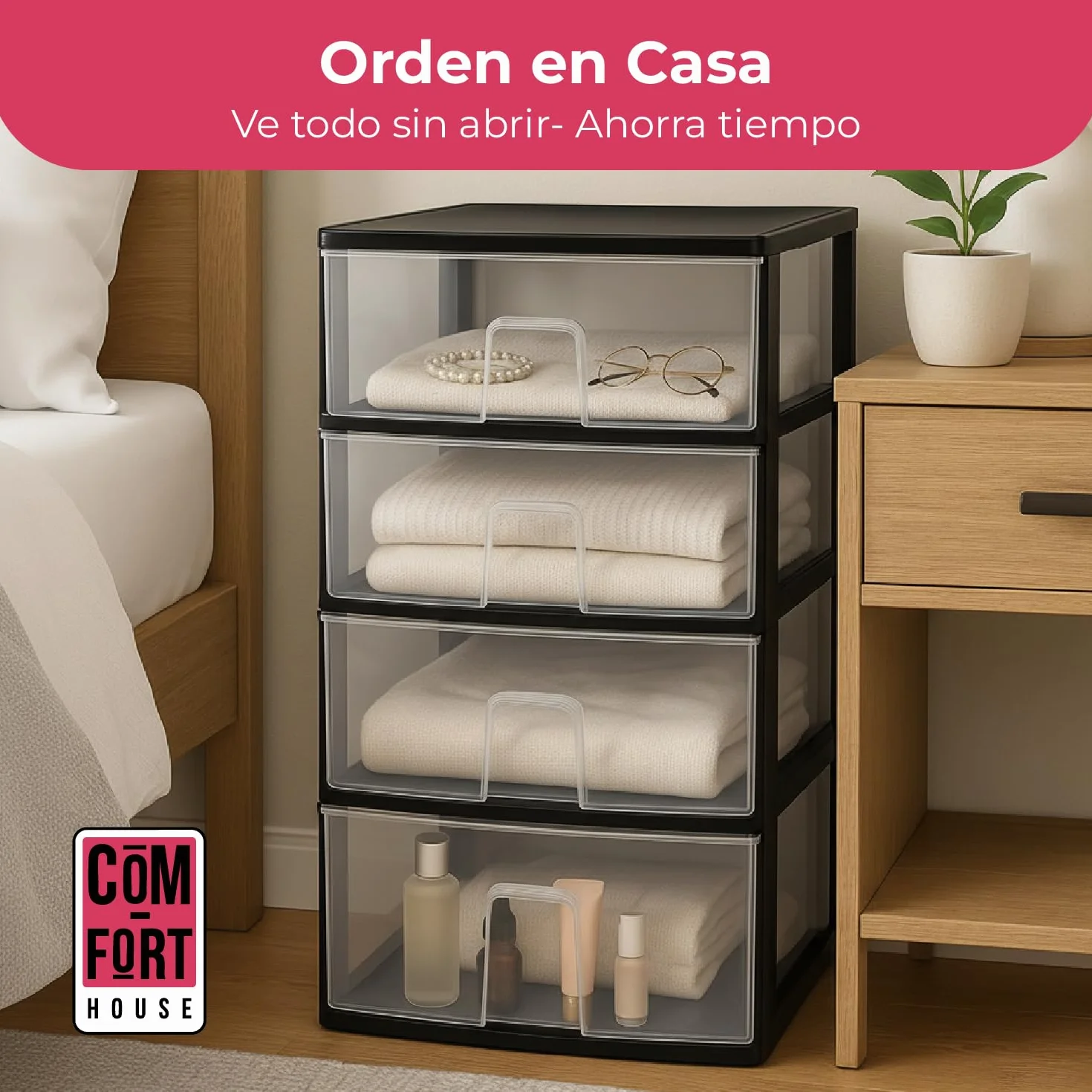 Cajonera Plástico 4 Cajones Negro Almacenamiento 37x38x62.8cm COM-FORT HOUSE