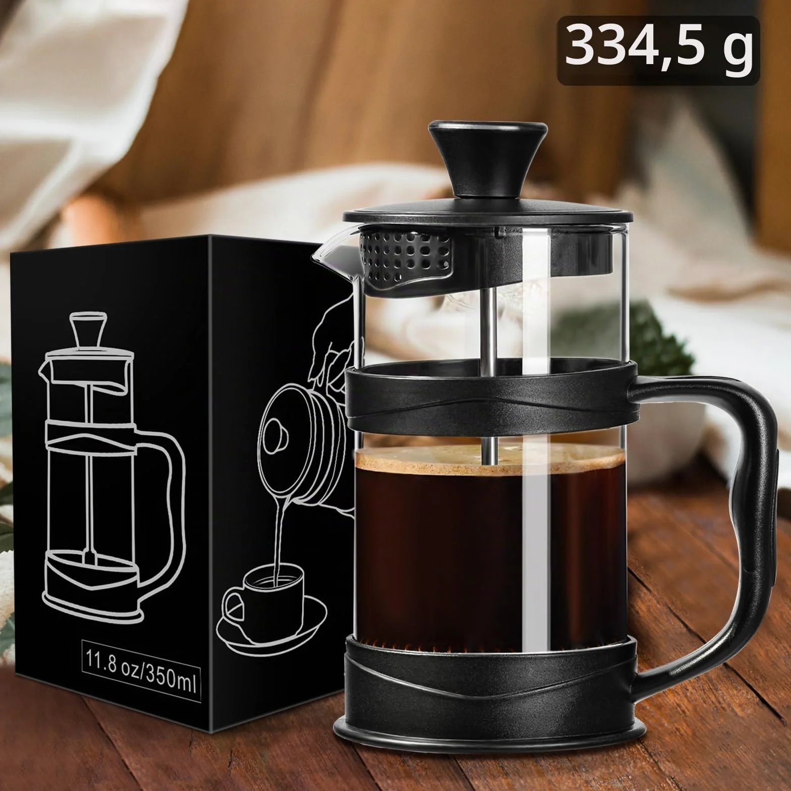 Cafetera de Prensa Francesa Acero Inoxidable 304 12oz para Viaje y Hogar (Negro)
