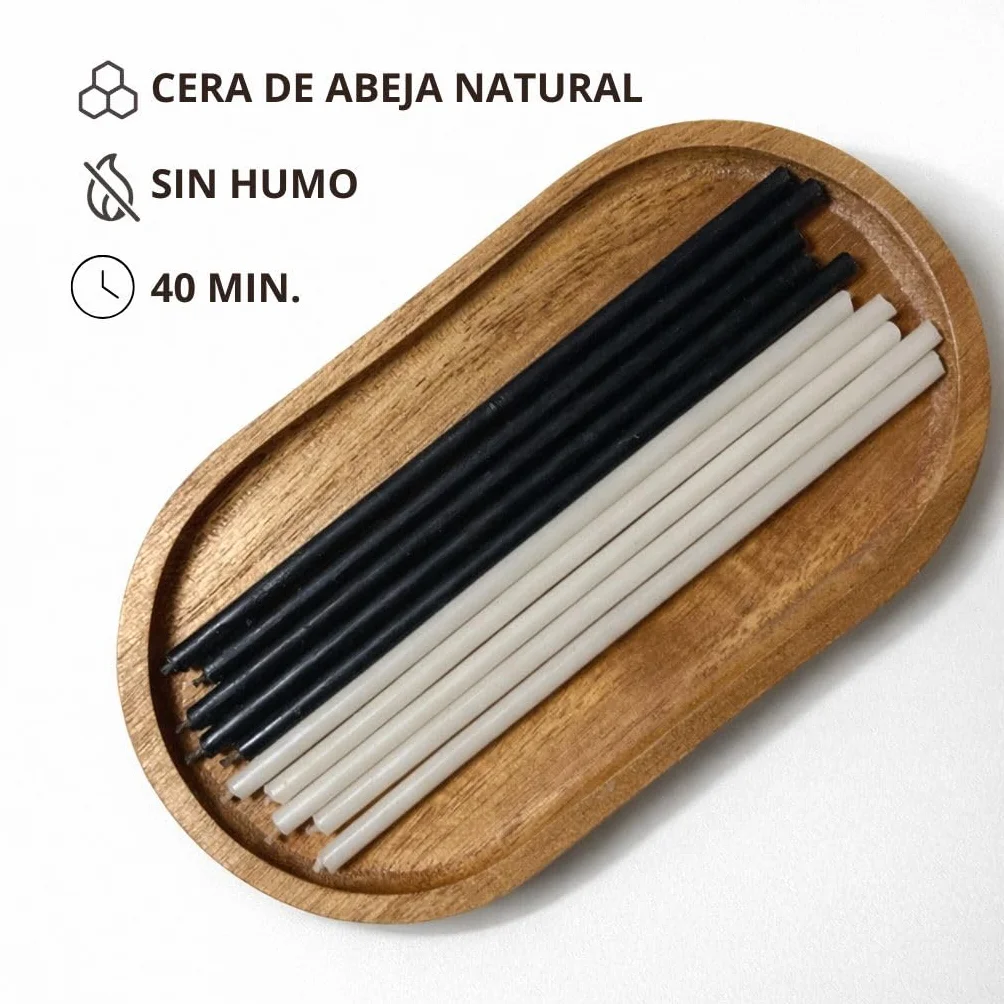 CanBee Velas Finas Cera de Abeja 100% Natural 16 cm x 5 mm Negras y Blancas Combustión Limpia 40 Min