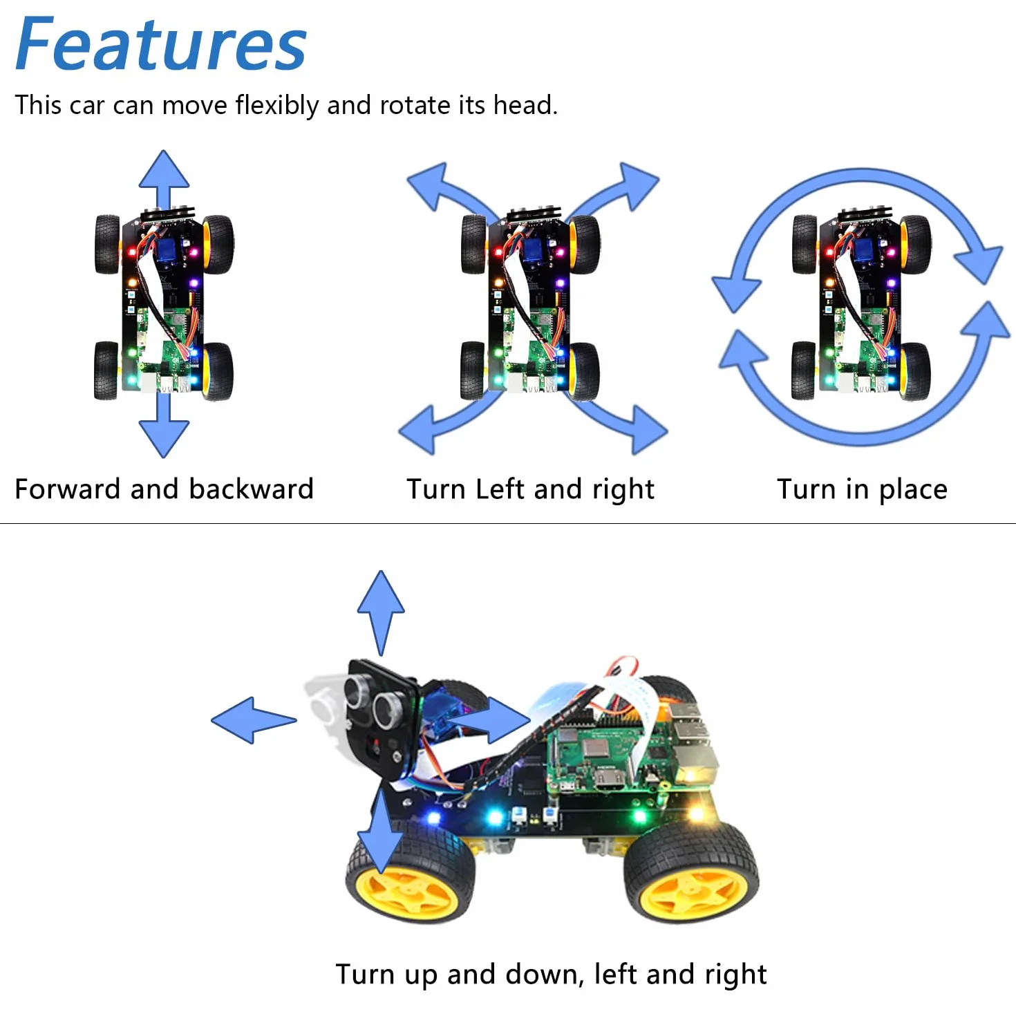 Freenove 4WD Smart Car Kit for Raspberry Pi 5 4 B 3 B+ Zero 2 W Face Tracking Obstacle Avoidance App Control Camera Servo