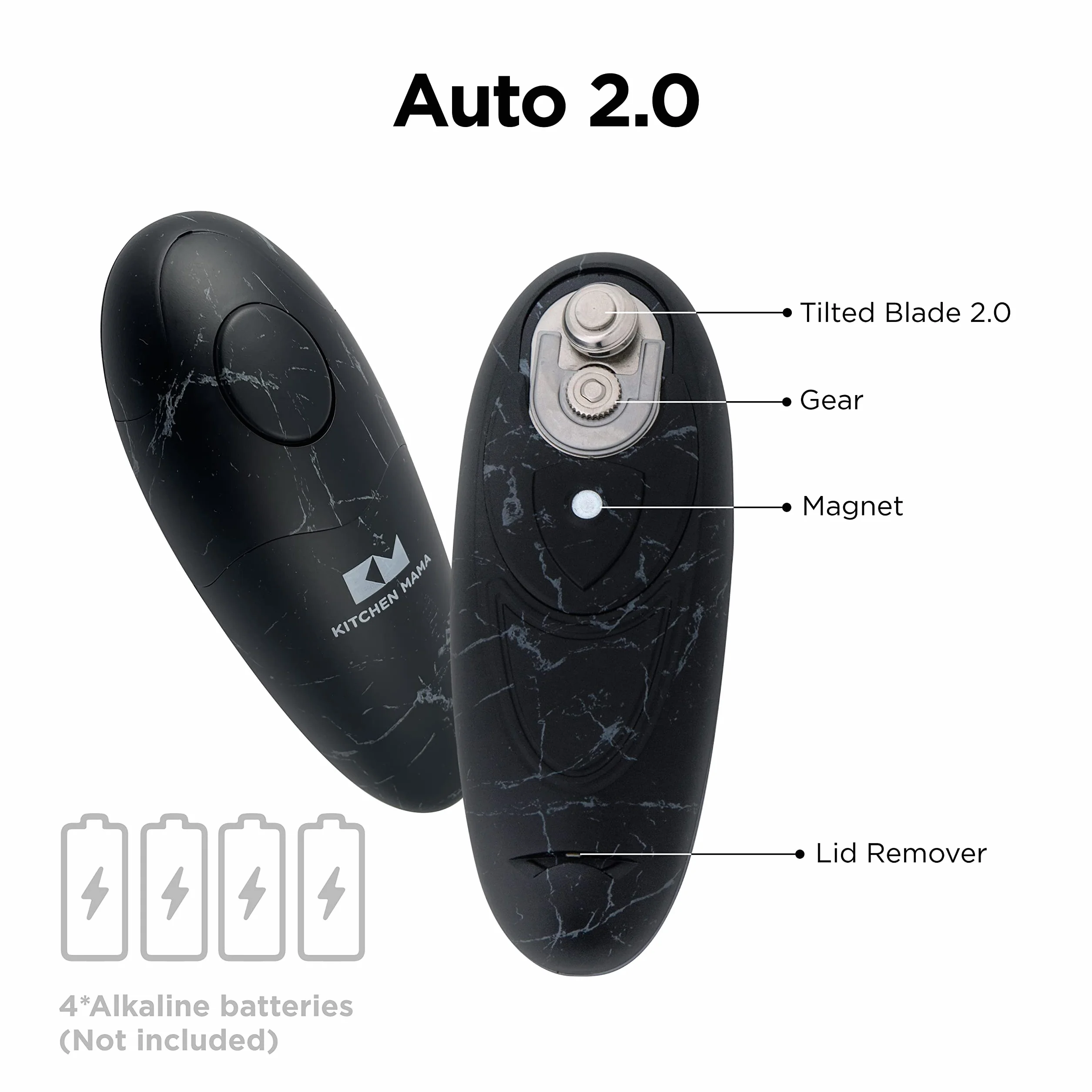 Kitchen Mama Abrelatas eléctrico Auto 2.0, abridor automático manos libres, bordes lisos, funciona con pilas (Negro mármol)
