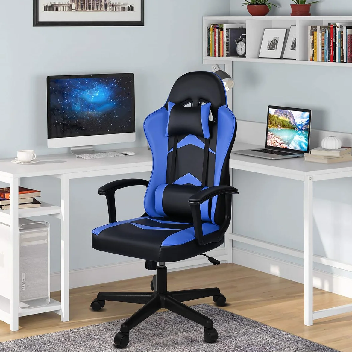 Silla Gaming Ergonómica Reclinable con Cojín Lumbar y Cervical Respaldo Alto Acolchado Altura Ajustable Ruedas Giratorias 360° Reposabrazos