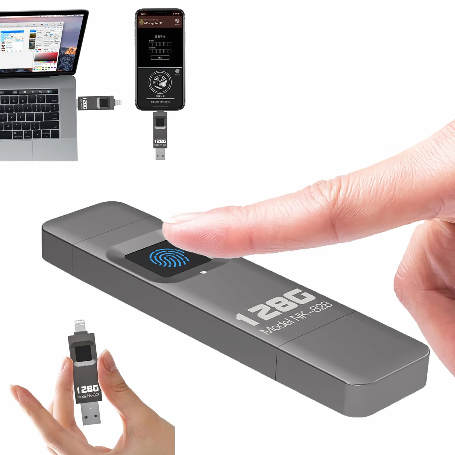 Cle USB Fingerprint 128GO, Memoria USB con Huella Dactilar Cifrada, para Teléfonos Móviles, Ordenadores, Pc Y Portátiles, Admite 60 Huellas Dactilares