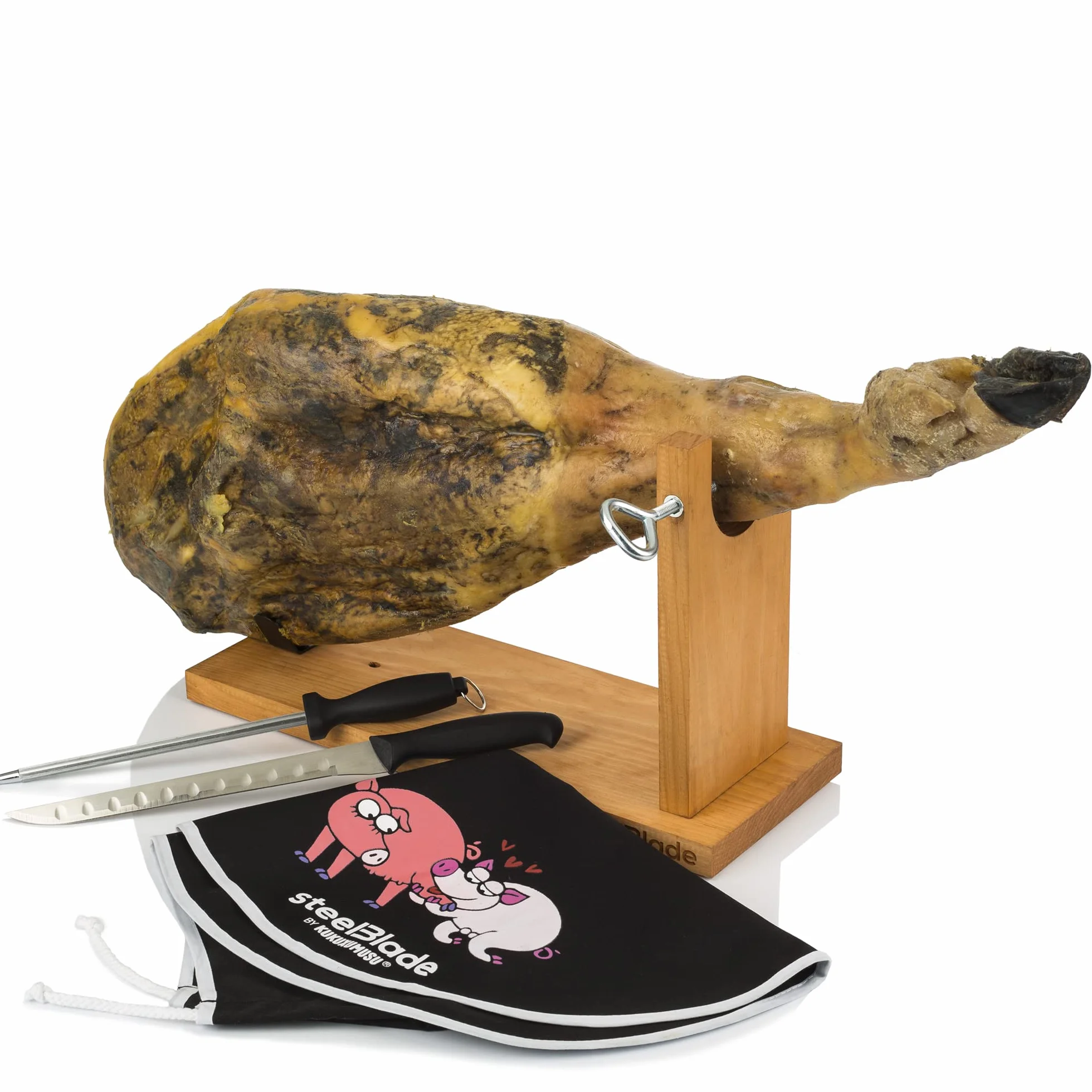 Kukuxumusu Jamonero Soporte Con Cubre Jamón y Cuchillo Chaira - Fabricado en España