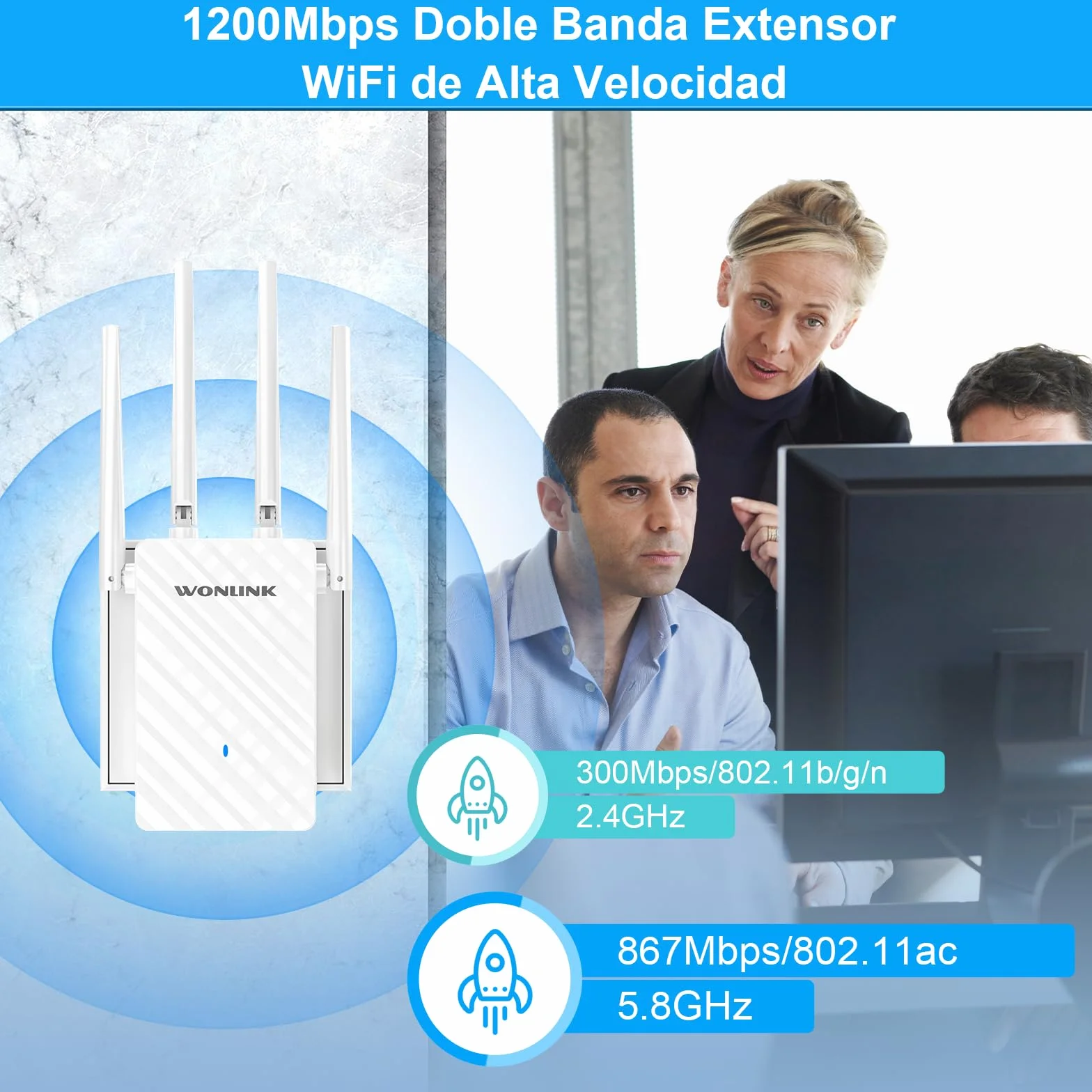 Amplificador Señal WiFi, AC1200Mbps Repetidor WiFi Doble Banda 2.4G/5G con 4 Antenas Externas - 3 Modos (Repetidor/Router/Ap), Puerto Ethernet, WPS Botón, MU-MIMO, Luz Indicadora, Enchufe EU