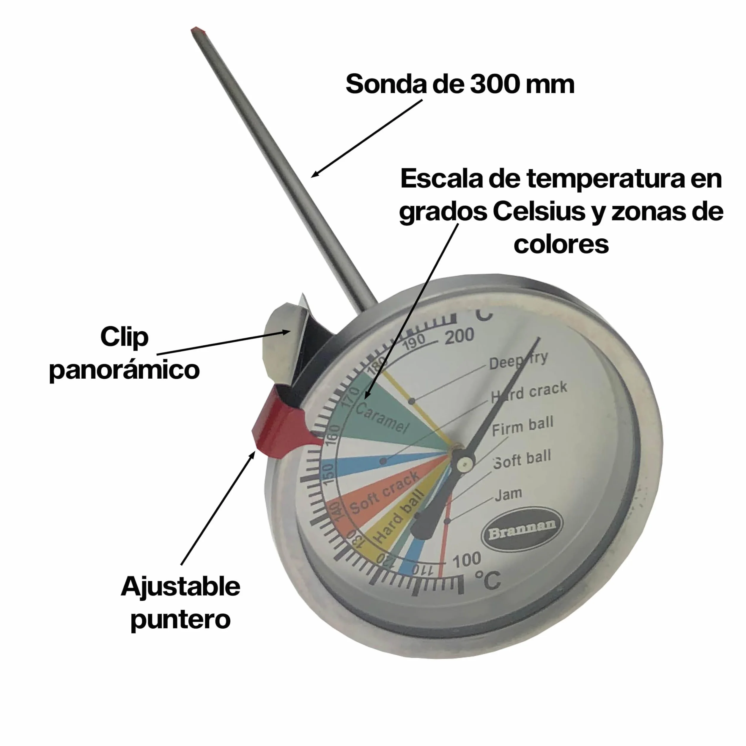 Brannan Termómetro de azúcar con sonda de 300 mm para mermeladas, dulces y freír