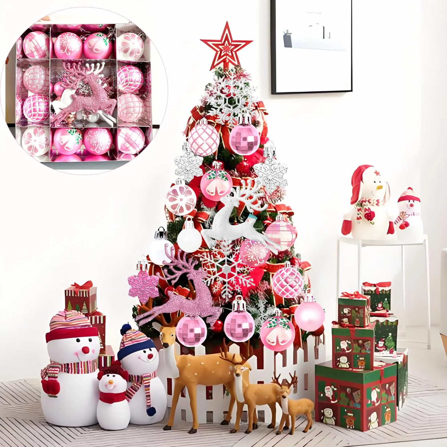 Juego de bolas de Navidad para decoración navideña, adornos para árbol con estrellas, alces, copos de nieve