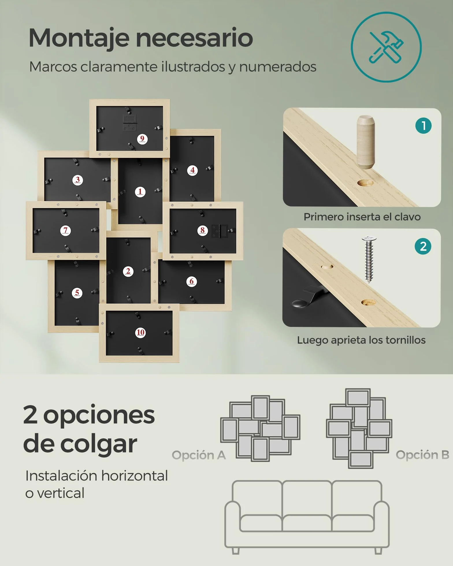 SONGMICS 10 Marcos de Fotos 10x15 cm para Pared Decoración Beige Natural