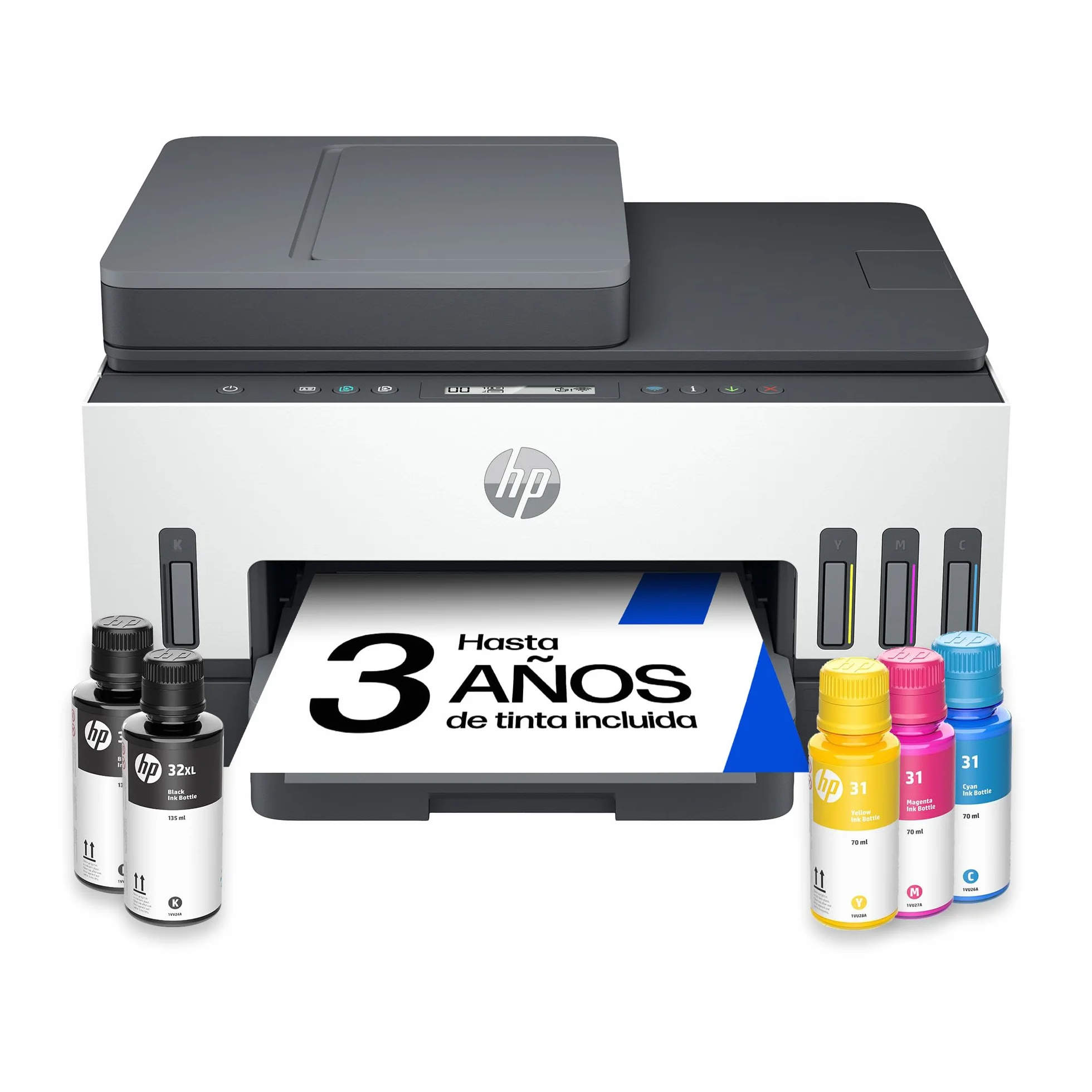 HP Smart Tank 7305 28B75A -Impresora A4 Multifunción con Deposito de Tinta Recargable, Impresión a Color, Escaner, Copiadora, Wi-Fi, Smart App, Blanca y Gris Oscuro