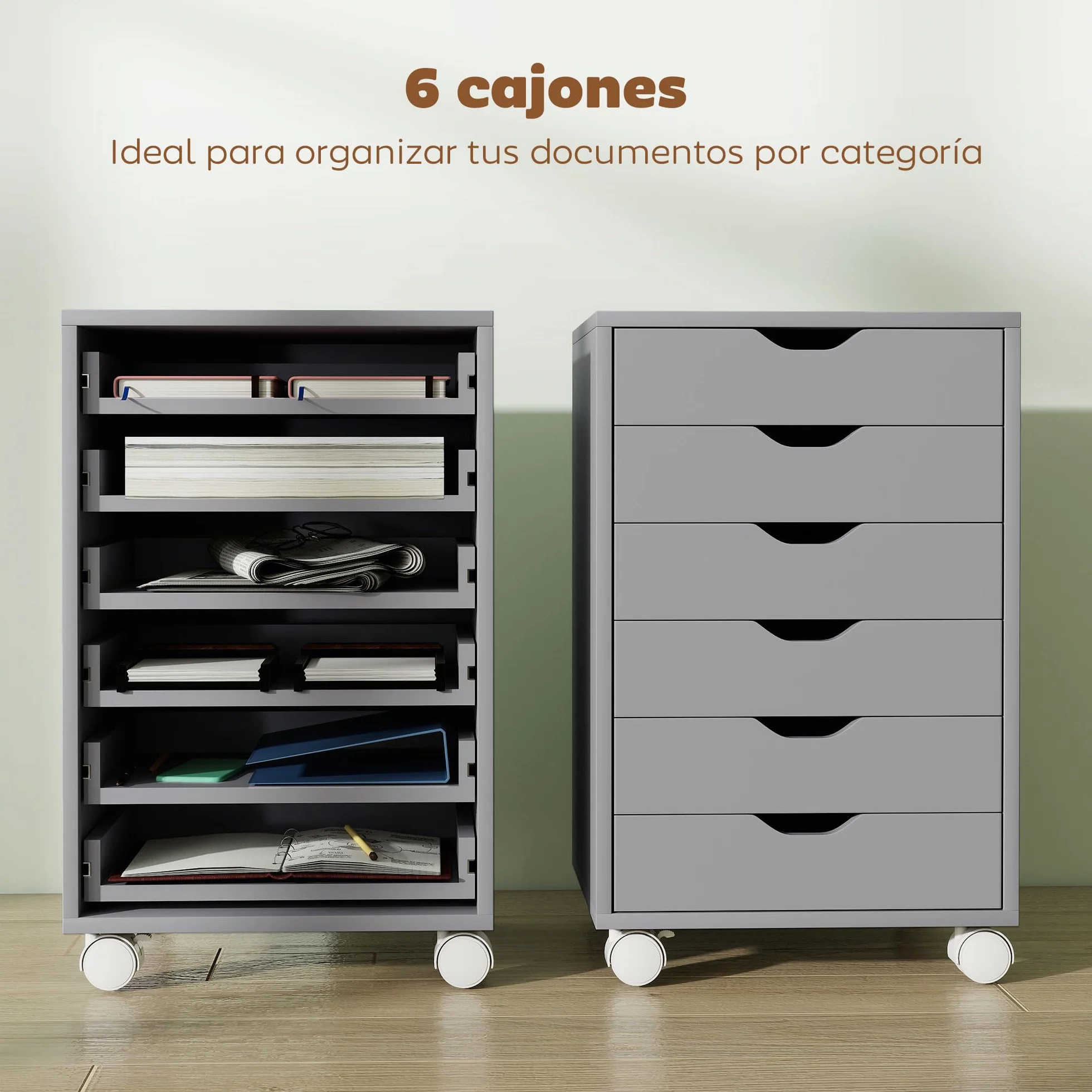 HOMCOM Cajonera Escritorio Archivador Móvil 6 Cajones Soporte Impresora Ruedas Gris