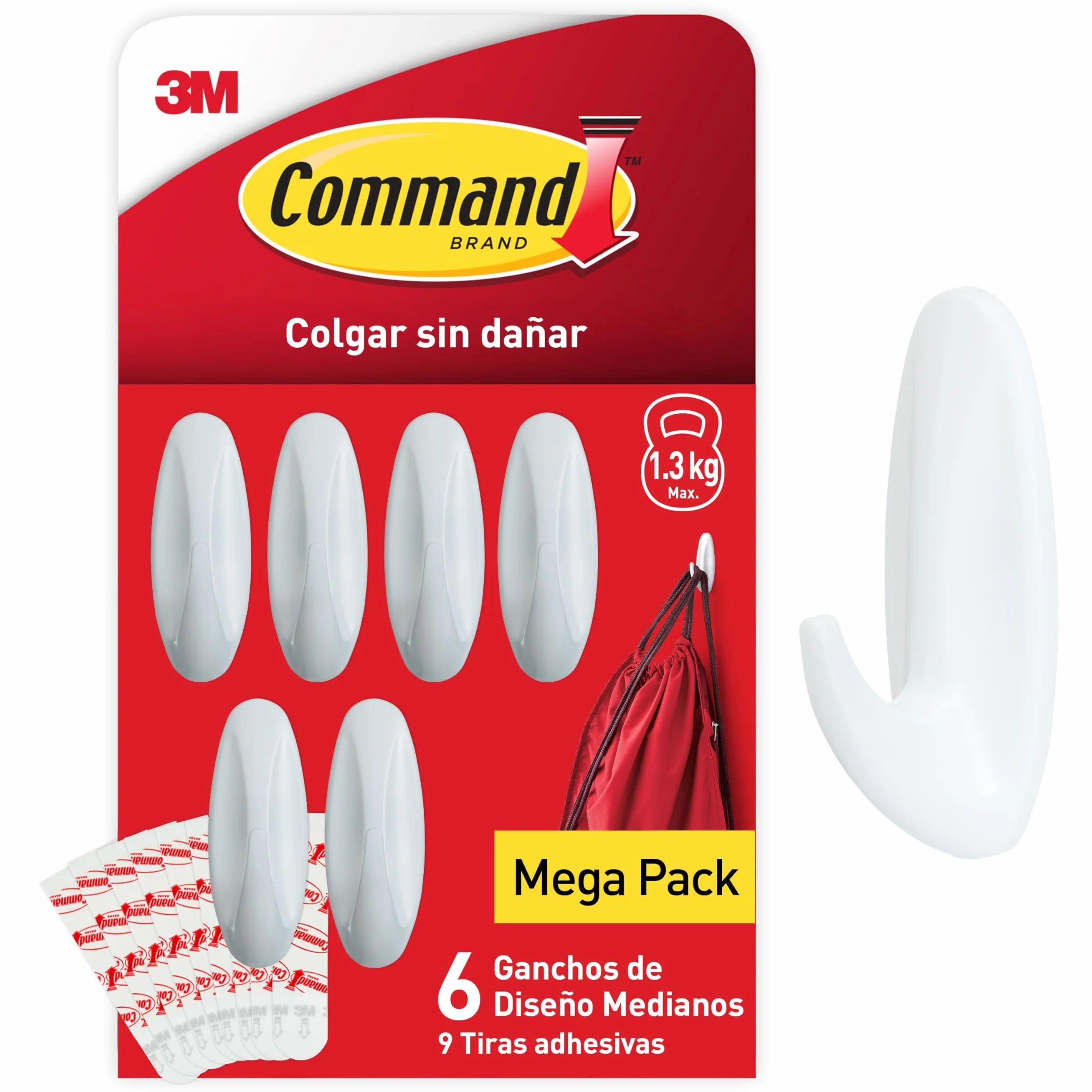 Command Ganchos de Diseño Medianos Blanco 6 Ganchos 9 Tiras Medianas Interior