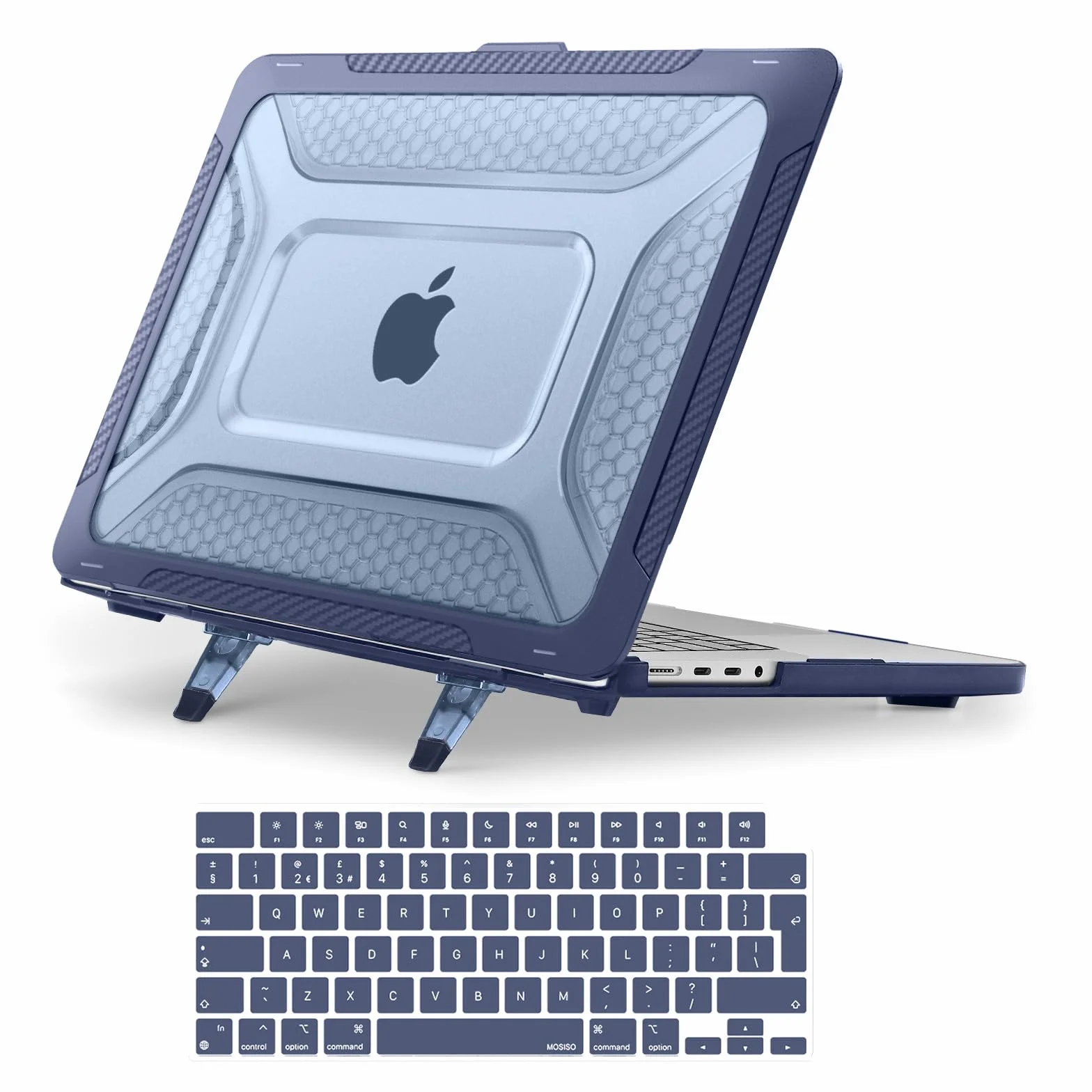 MOSISO Funda Compatible con MacBook Pro 16 Pulgadas M5 M4 M3 M2 M1 A3428 | A3429 A3403 A3186 2026-2021, Honeycomb Shockproof TPU Bumper Heavy Duty Carcasa con Soporte Plegable&Teclado,Azul Marino
