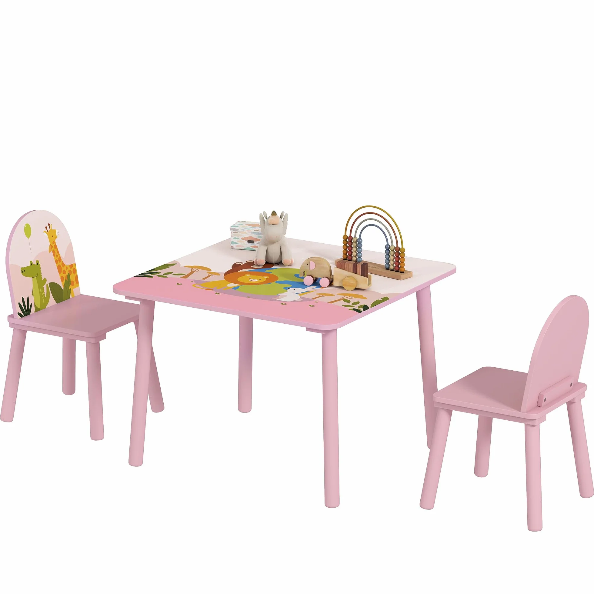 AIYAPLAY Mesa Infantil con 2 Sillas, Estampados de Animales, para Niños 3-8 Años, Hogar, Guardería, Rosa