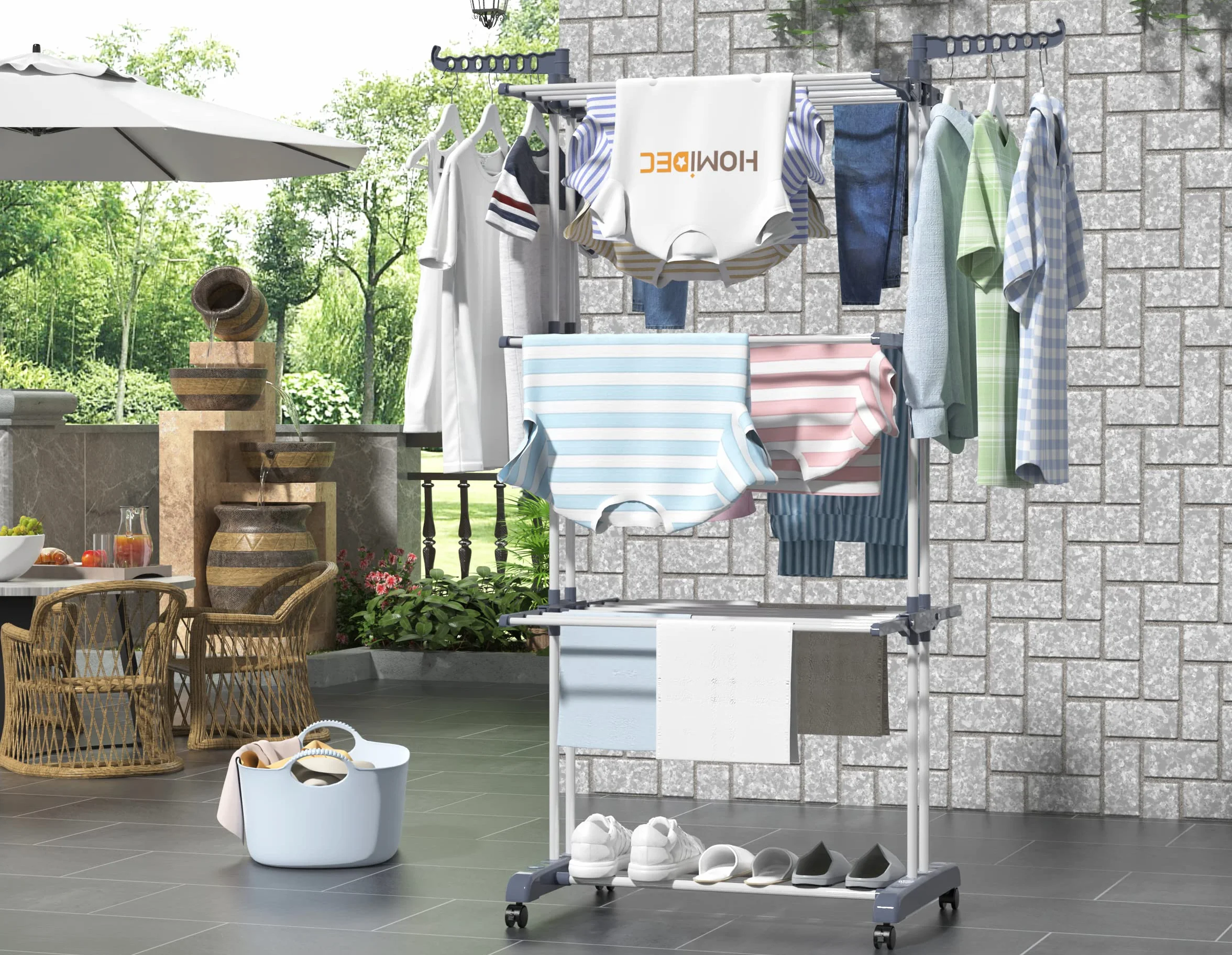 HOMIDEC Tendedero Plegable Vertical 4 Niveles con Ruedas, Acero Inoxidable, Exterior e Interior, Gris