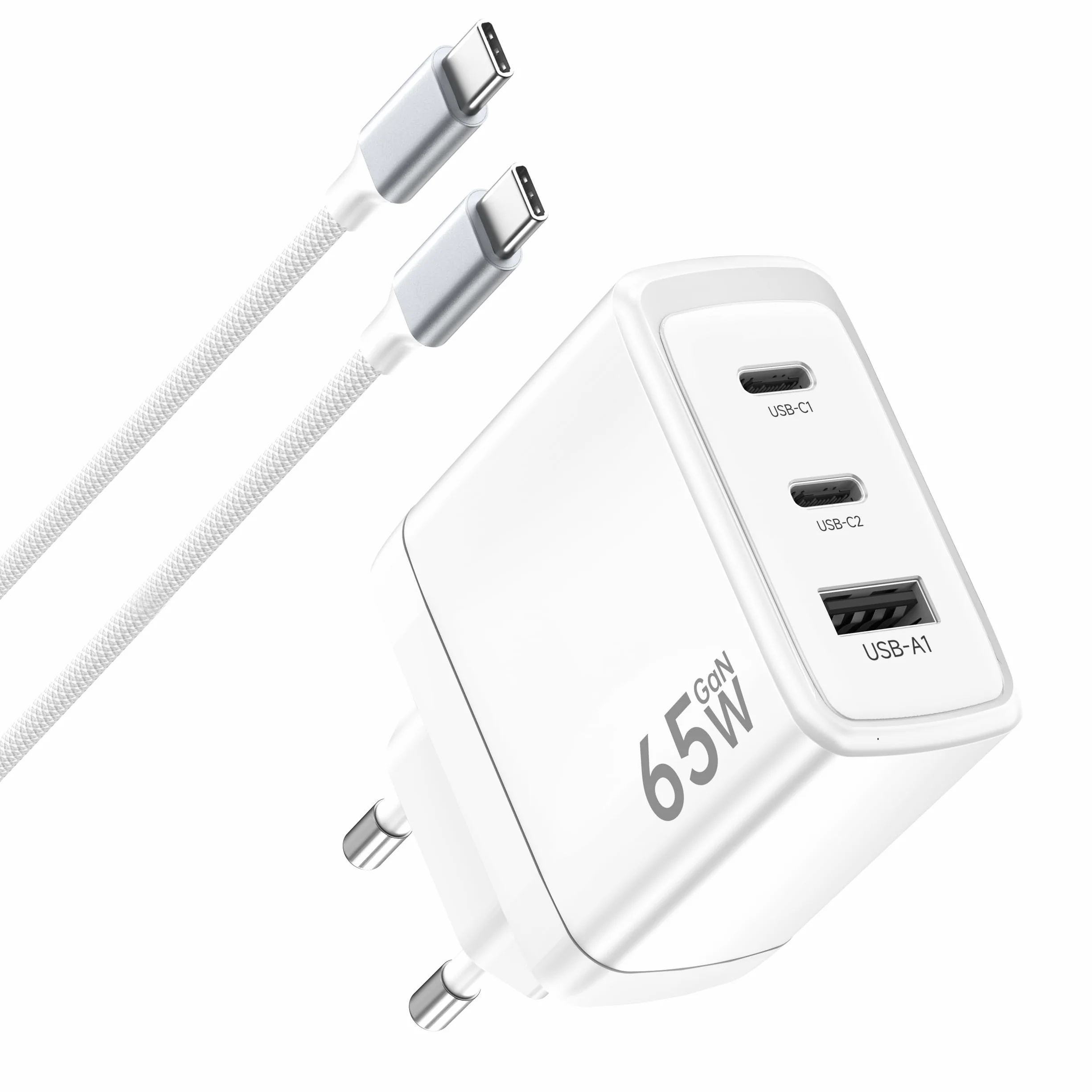 Cargador USB C 65W, Carga Rápida 3 Puertos PD3.0 & QC3.0, GAN II con Cable USB C Trenzado 2M, Compatible para MacBook Pro/Air, para iPhone 17/16/15, para Samsung Galaxy S25/S24/S23/S22 Ultra