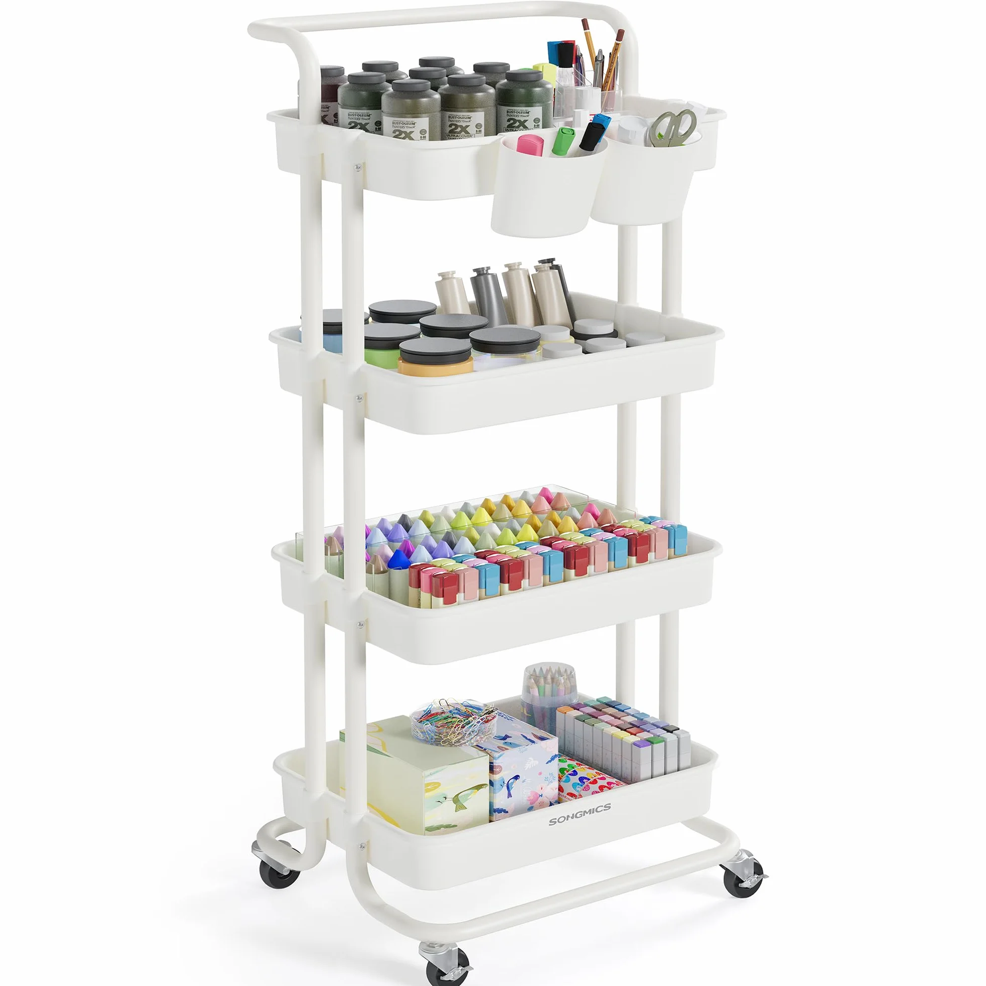 SONGMICS Carro Rodante, Caritro de Almacenamiento de 4 Niveles, con Mango, 2 Organizadores Pequeños, Marco de Acero, Cestas de Plástico, para Dormitorio, Lavadero Baño, Blanco BSC077WZ01
